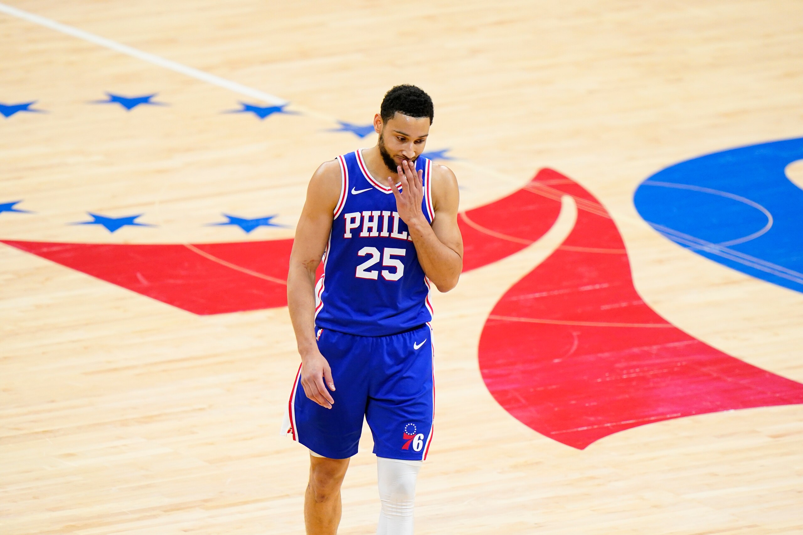 Philadelphia 76ers' Ben Simmons wipes his face during the second half of Game 5 in a second-round NBA basketball playoff series against the Atlanta Hawks, Wednesday, June 16, 2021, in Philadelphia. All-Star guard Ben Simmons could be on the trading block after a miserable postseason. (AP Photo/Matt Slocum)