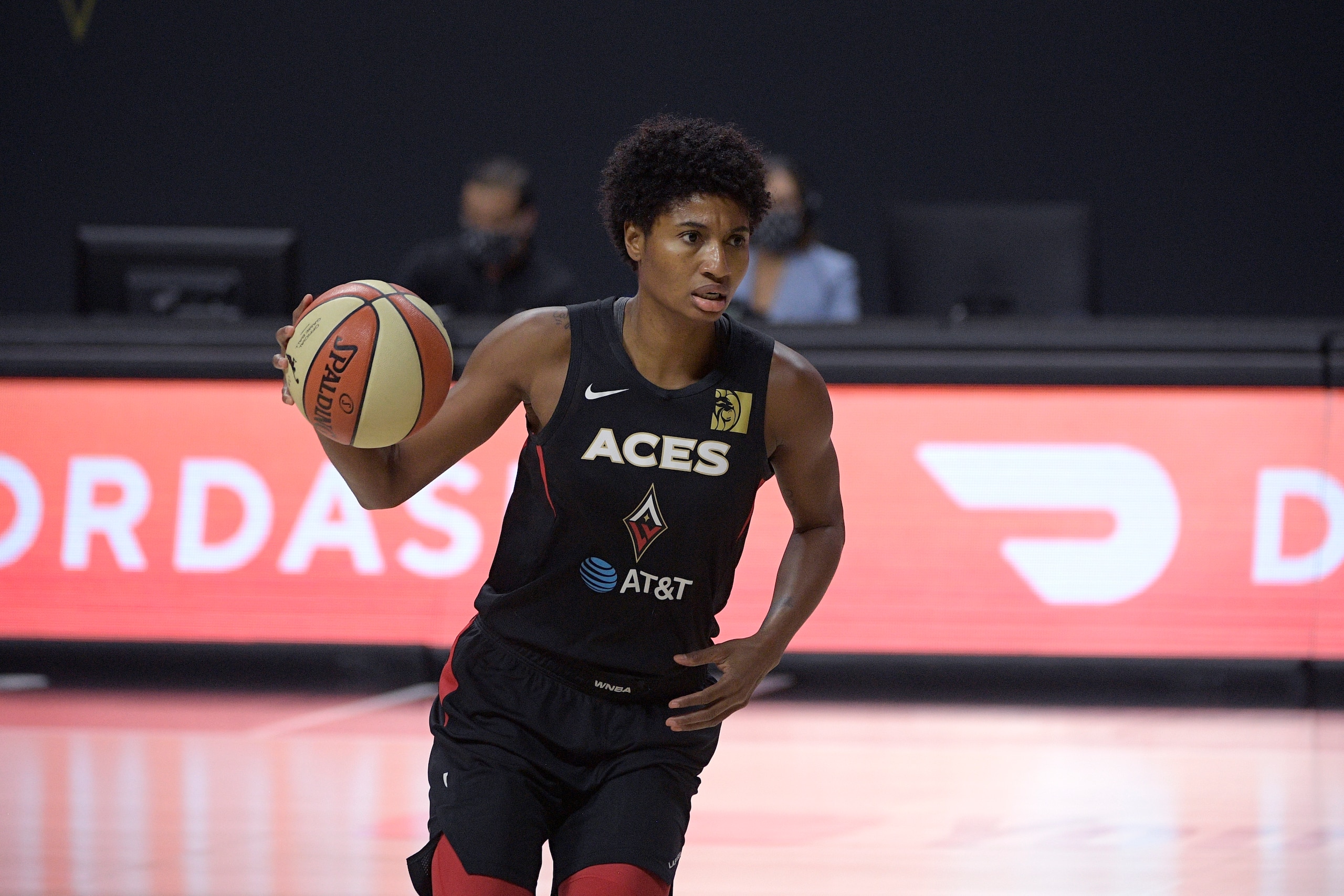 Las Vegas Aces forward Angel McCoughtry (35) sets up a play during the first half of Game 2 of basketball's WNBA Finals against the Seattle Storm, Sunday, Oct. 4, 2020, in Bradenton, Fla. (AP Photo/Phelan M. Ebenhack)