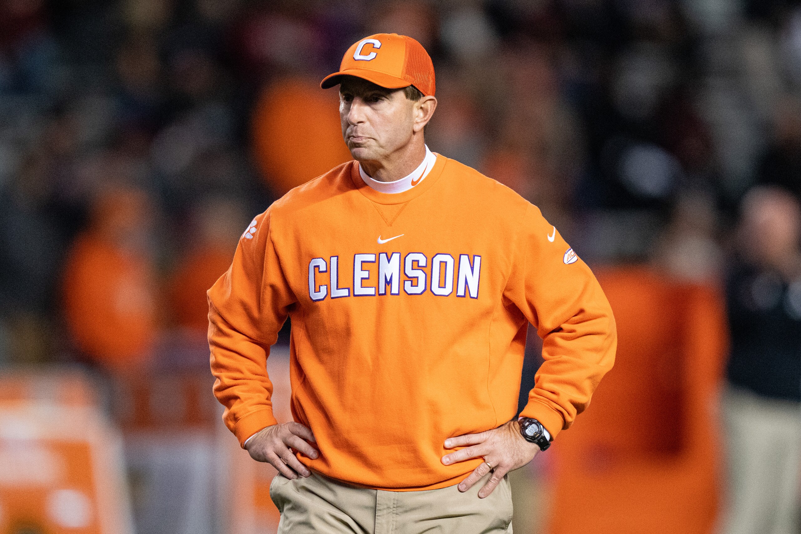 COLUMBIA, SOUTH CAROLINA - NOVEMBER 27: Head coach Dabo Swinney of the Clemson Tigers looks on during warm ups before their game against the South Carolina Gamecocks at Williams-Brice Stadium on November 27, 2021 in Columbia, South Carolina. (Photo by Jacob Kupferman/Getty Images)