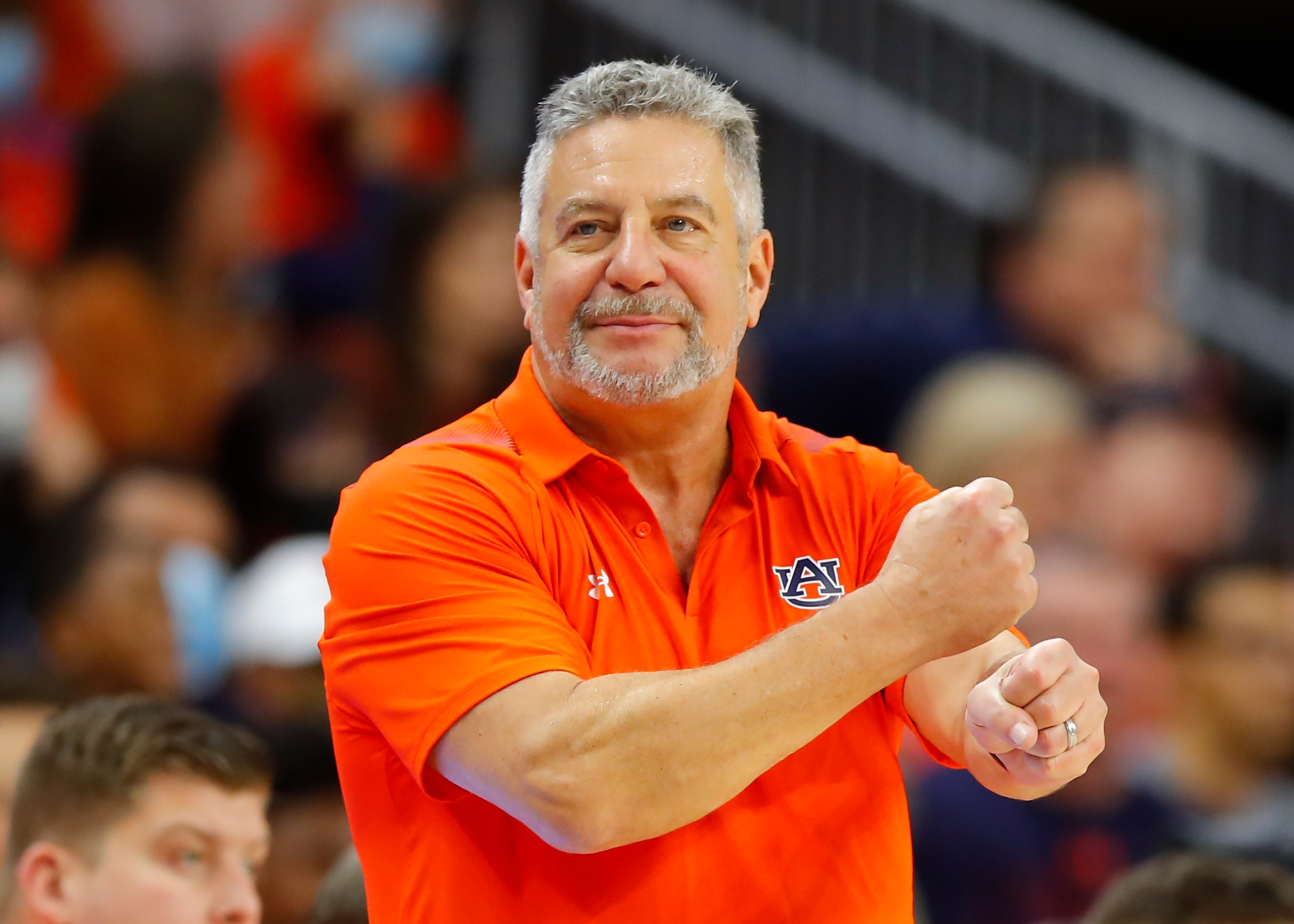 AUBURN, AL - JANUARY 22: Head coach Bruce Pearl of the Auburn Tigers reacts during the second half against the Kentucky Wildcats at Auburn Arena on January 22, 2022 in Auburn, Alabama. (Photo by Todd Kirkland/Getty Images)
