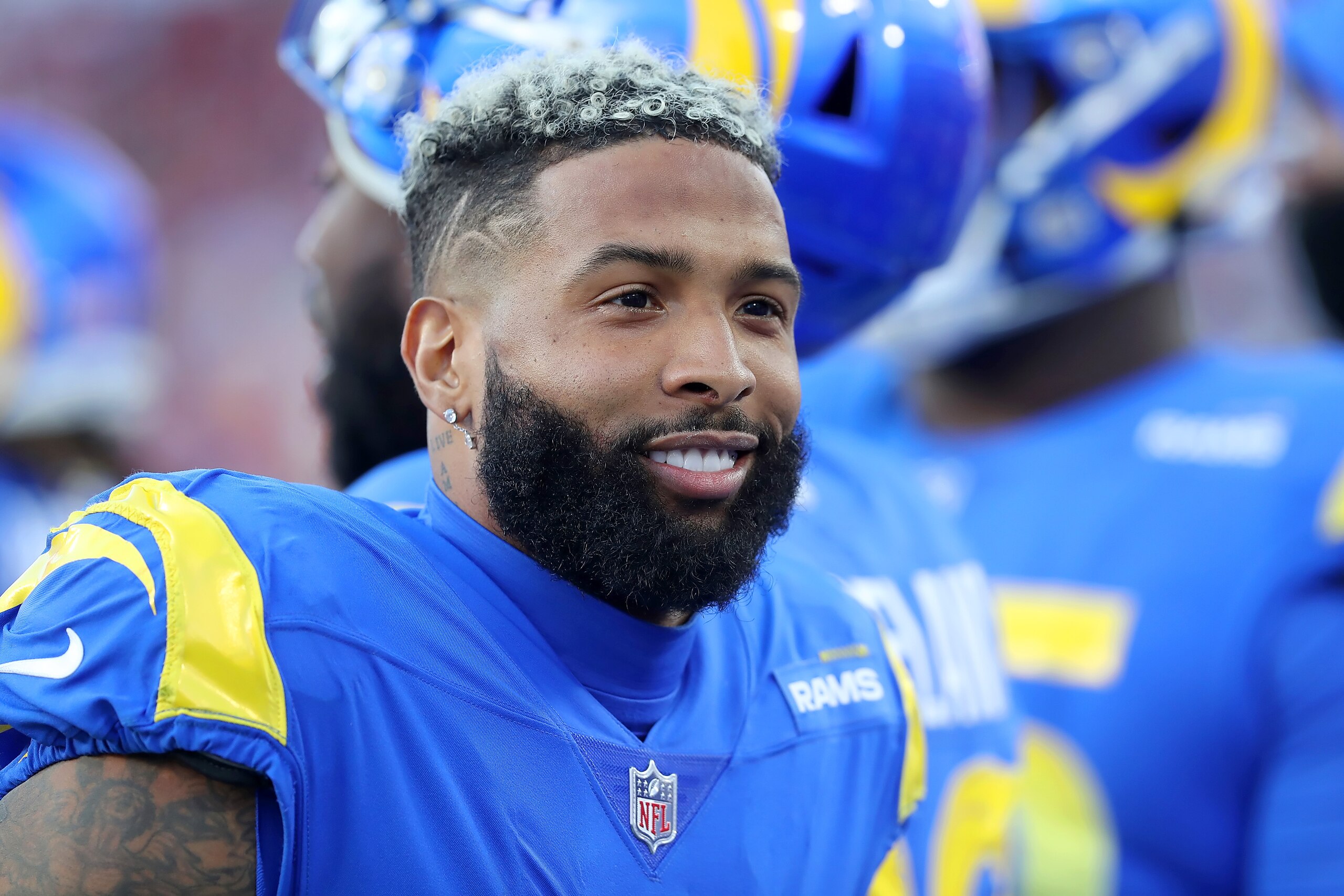 TAMPA, FL - JANUARY 23: Los Angeles Rams Wide Receiver Odell Beckham Jr. (3) stands along the sidelines during the NFC Divisional game between the Los Angeles Rams and the Tampa Bay Buccaneers on January 23, 2022 at Raymond James Stadium in Tampa, Florida. (Photo by Cliff Welch/Icon Sportswire via Getty Images) TAMPA, FL - JANUARY 23: Los Angeles Rams Wide Receiver Odell Beckham Jr. (3) stands along the sidelines during the NFC Divisional game between the Los Angeles Rams and the Tampa Bay Buccaneers on January 23, 2022 at Raymond James Stadium in Tampa, Florida. (Photo by Cliff Welch/Icon Sportswire via Getty Images)