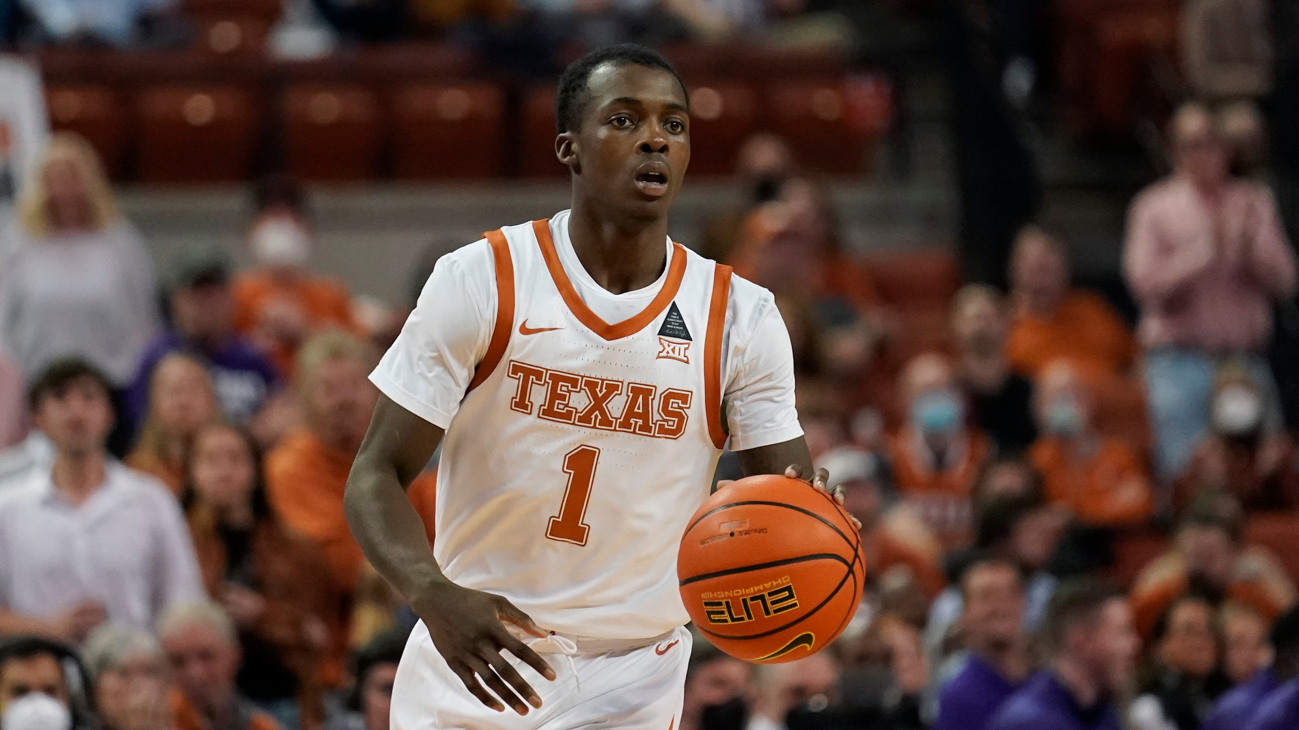 Texas guard Andrew Jones (1) during the second half of an NCAA college basketball game against Kansas State, Tuesday, Jan. 18, 2022, in Austin, Texas. (AP Photo/Eric Gay)