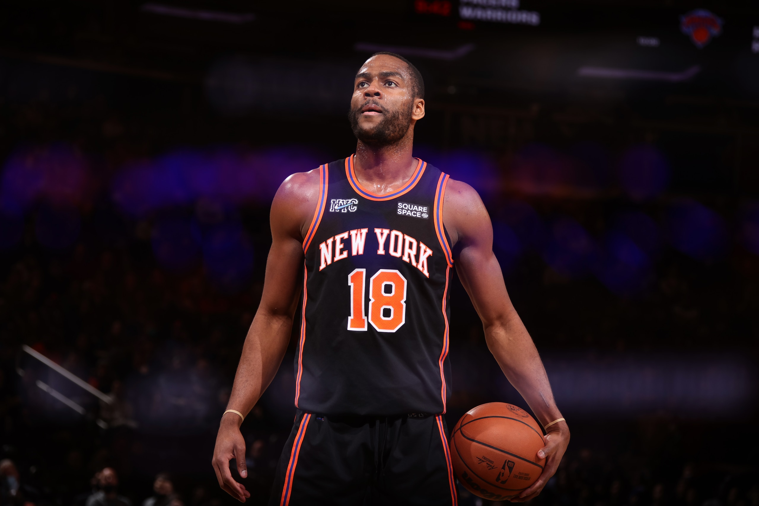 NEW YORK, NY - JANUARY 20: (EDITORS NOTE: This image has been produced using a double exposure.) Alec Burks #18 of the New York Knicks looks to shoots a free throw during the game against the New Orleans Pelicans on January 20, 2022 at Madison Square Garden in New York City, New York.  NOTE TO USER: User expressly acknowledges and agrees that, by downloading and or using this photograph, User is consenting to the terms and conditions of the Getty Images License Agreement. Mandatory Copyright Notice: Copyright 2022 NBAE  (Photo by Nathaniel S. Butler/NBAE via Getty Images)