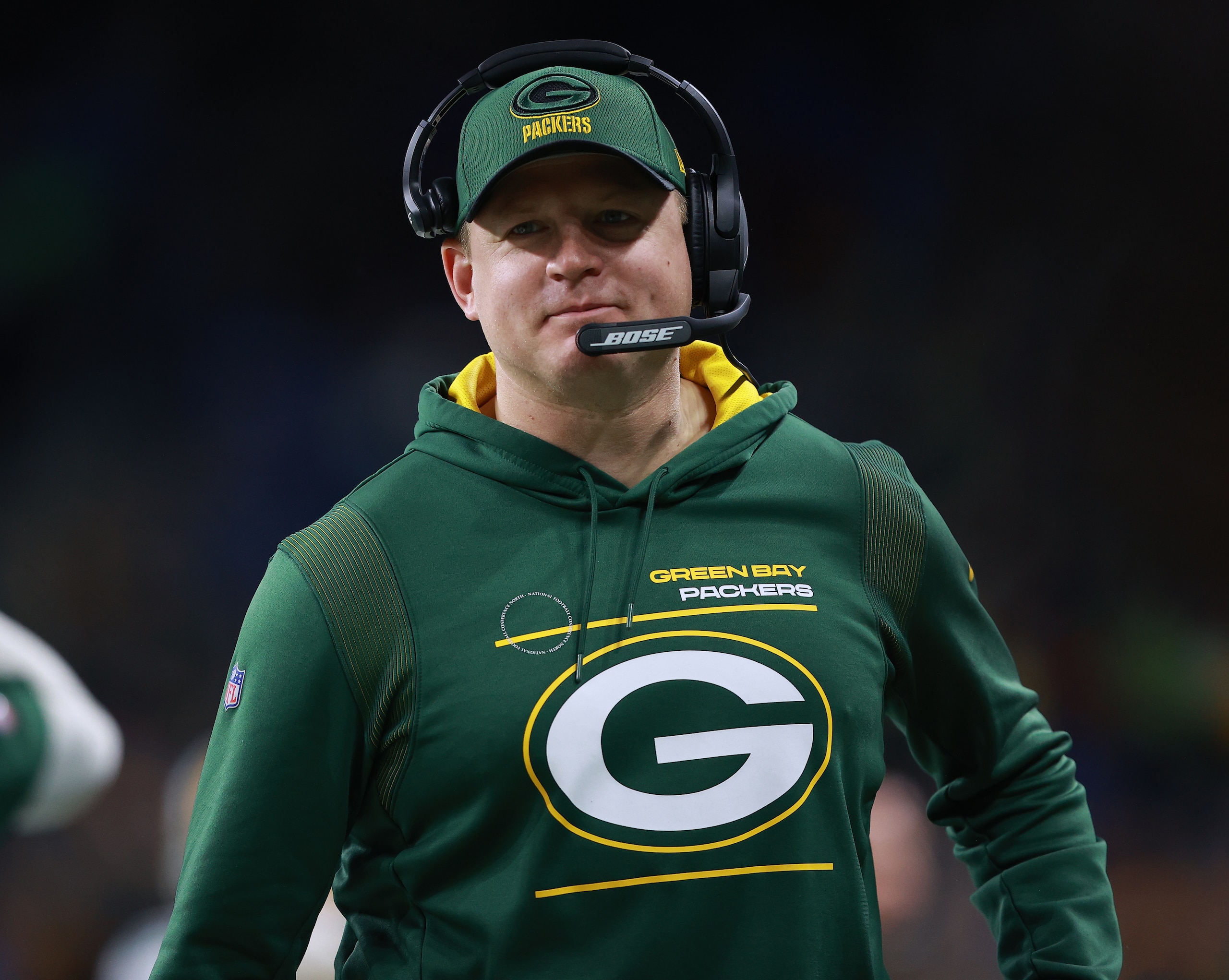 DETROIT, MICHIGAN - JANUARY 09:  Quarterbacks Coach Luke Getsy of the Green Bay Packers looks on during the game against the Detroit Lions at Ford Field on January 9, 2022 in Detroit, Michigan. (Photo by Rey Del Rio/Getty Images)