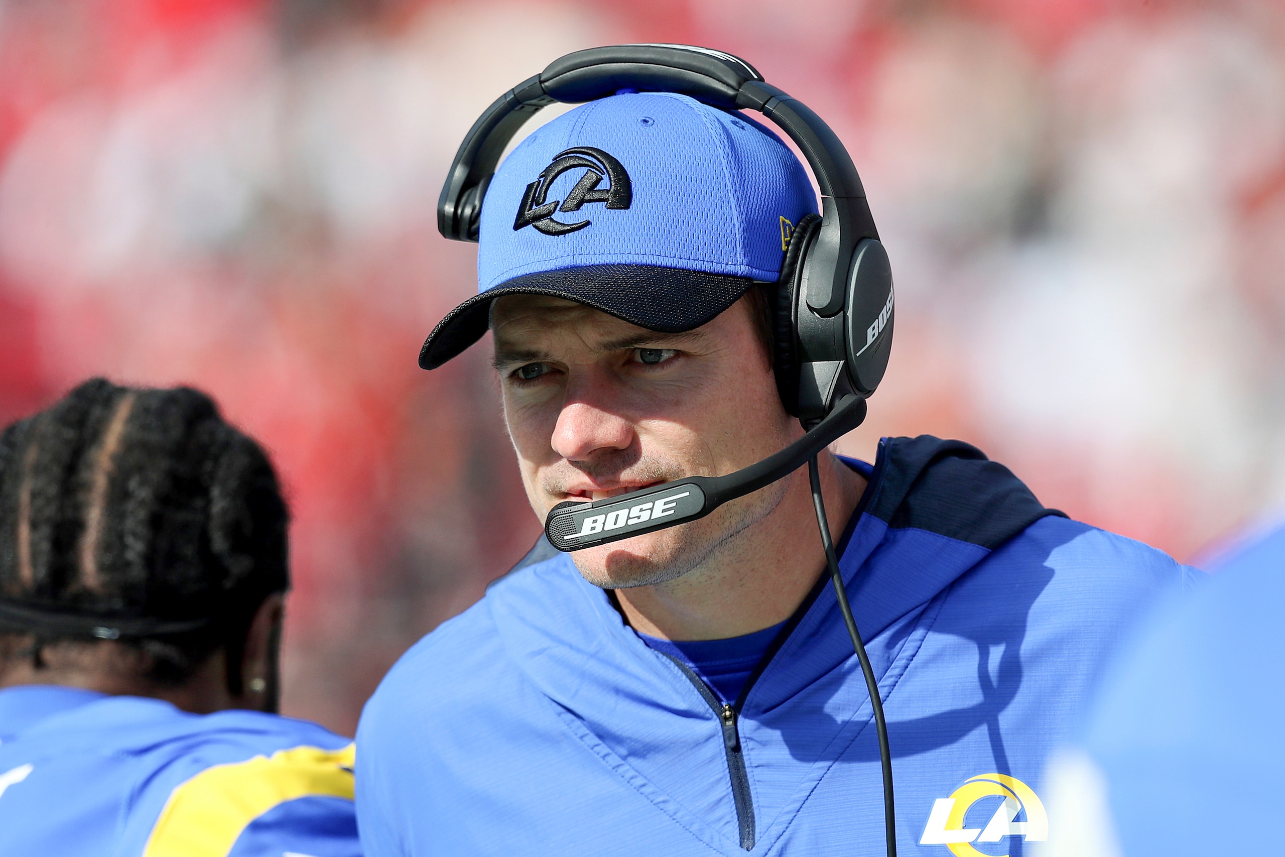 Los Angeles Rams offensive coordinator Kevin O'Connell coaches on the sideline during a NFL divisional playoff football game between the Los Angeles Rams and Tampa Bay Buccaneers, Sunday, January 23, 2022 in Tampa, Fla. (AP Photo/Alex Menendez)