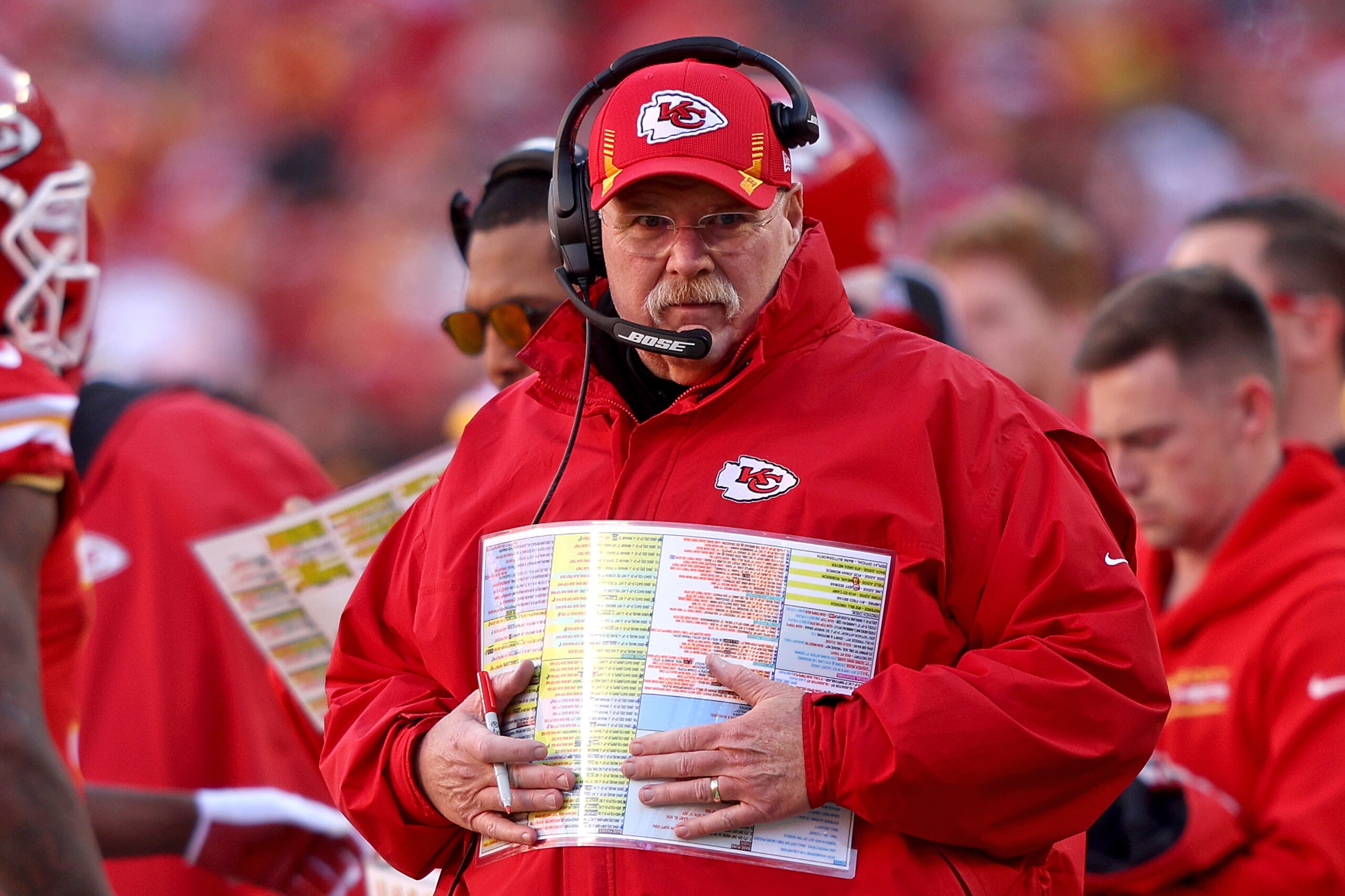 KANSAS CITY, MISSOURI - JANUARY 30: Head coach Andy Reid of the Kansas City Chiefs looks on against the Cincinnati Bengals during the first half of the AFC Championship Game at Arrowhead Stadium on January 30, 2022 in Kansas City, Missouri. (Photo by Jamie Squire/Getty Images)