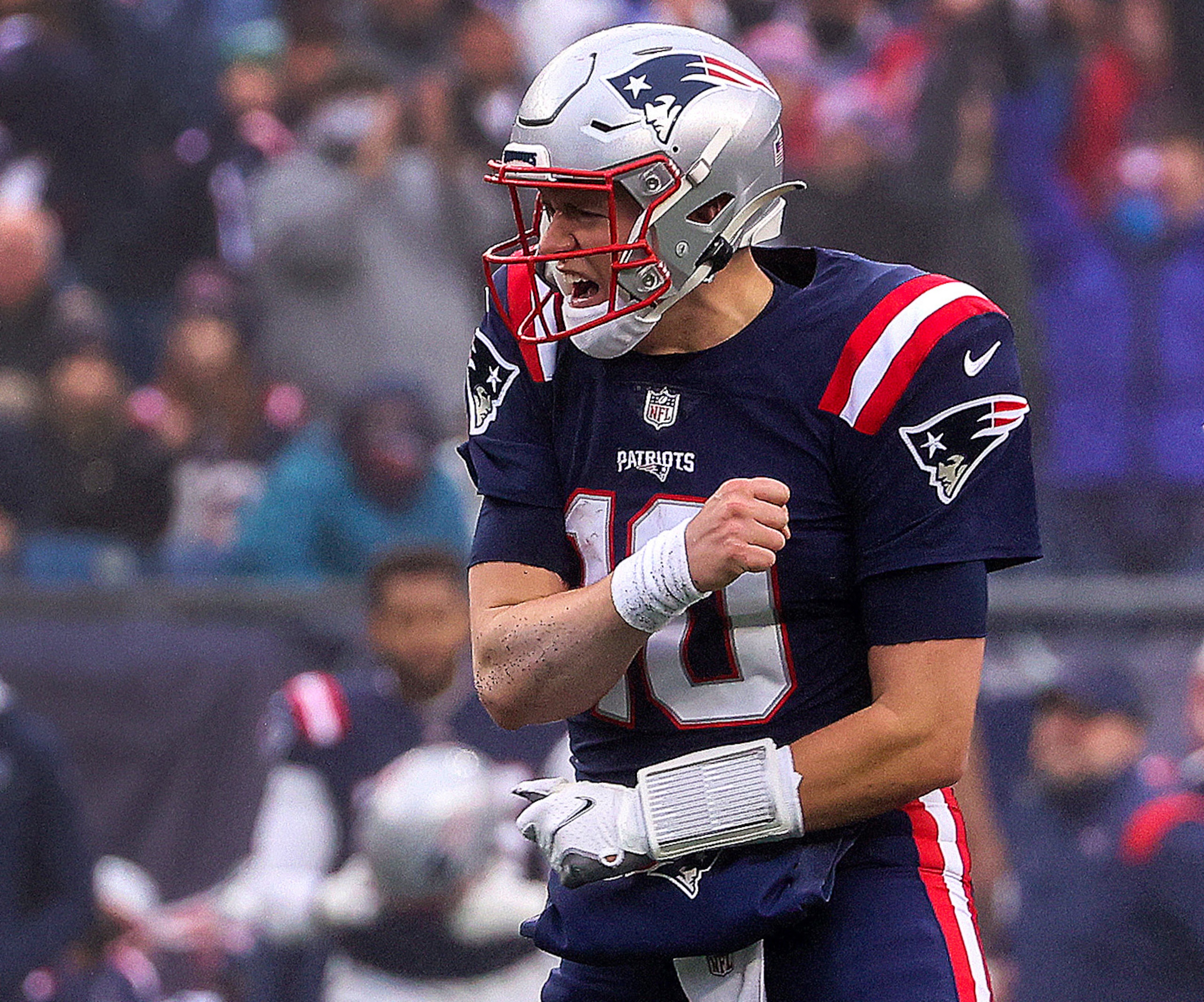 Foxborough, MA - January 2: New England Patriots quarterback Mac Jones (10) celebrates as the Patriots scored their second touchdown during the second quarter. The New England Patriots host the Jacksonville Jaguars in an NFL game on January 2, 2022 at Gillette Stadium in Foxborough, MA. (Photo by Barry Chin/The Boston Globe via Getty Images) Foxborough, MA - January 2: New England Patriots quarterback Mac Jones (10) celebrates as the Patriots scored their second touchdown during the second quarter. The New England Patriots host the Jacksonville Jaguars in an NFL game on January 2, 2022 at Gillette Stadium in Foxborough, MA. (Photo by Barry Chin/The Boston Globe via Getty Images)