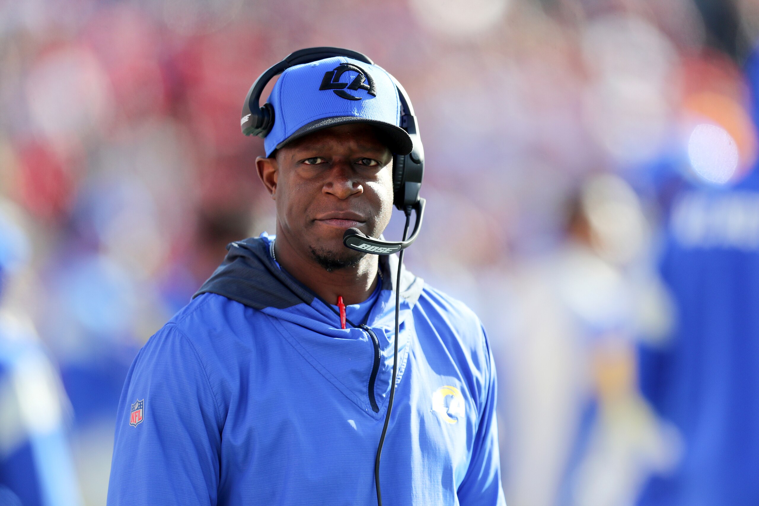 Los Angeles Rams defensive coordinator Raheem Morris looks on during a NFL divisional playoff football game against the Tampa Bay Buccaneers, Sunday, January 23, 2022 in Tampa, Fla. (AP Photo/Alex Menendez)