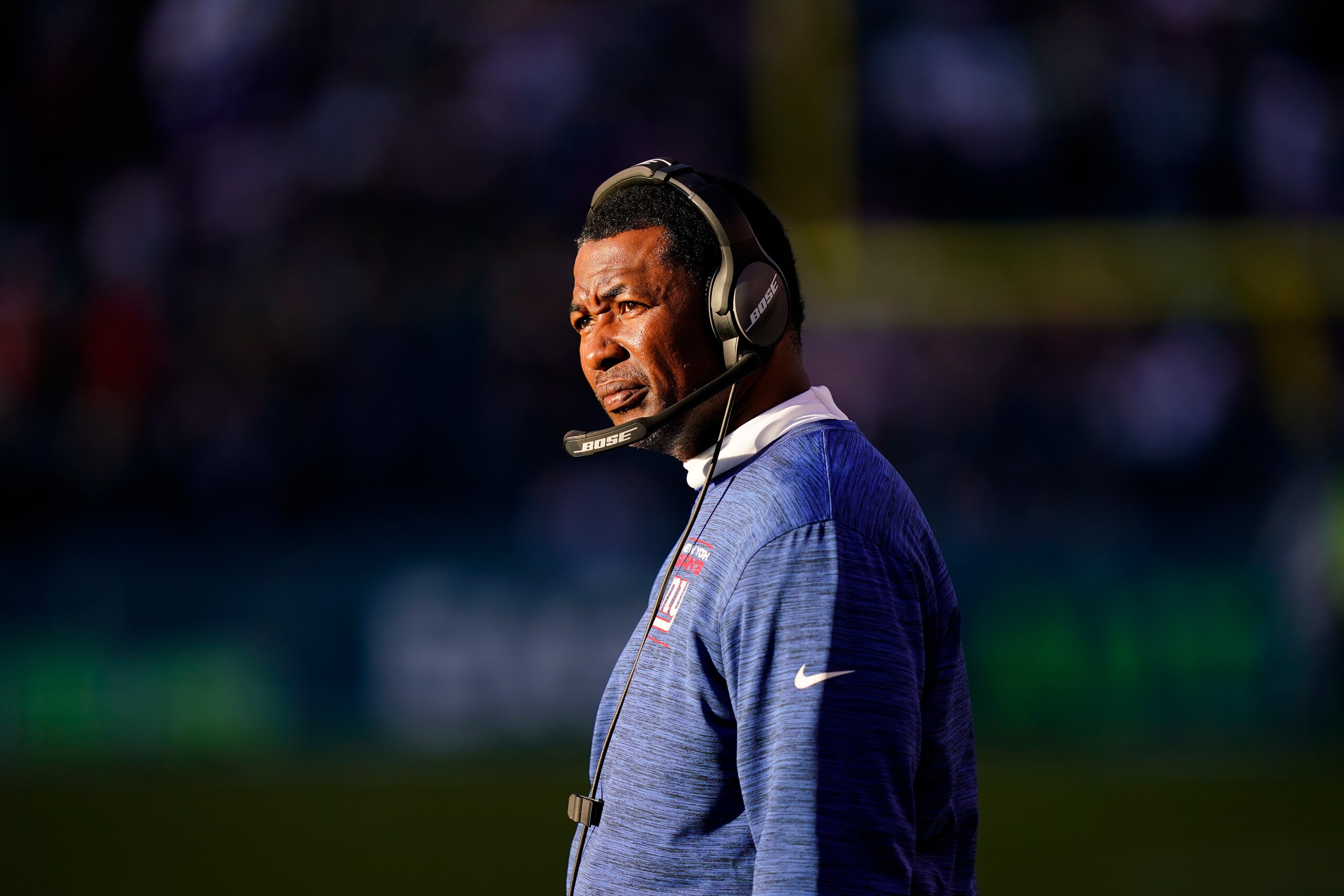 New York Giants' Patrick Graham coaches during an NFL football game against the Philadelphia Eagles, Sunday, Dec. 26, 2021, in Philadelphia. (AP Photo/Matt Rourke)