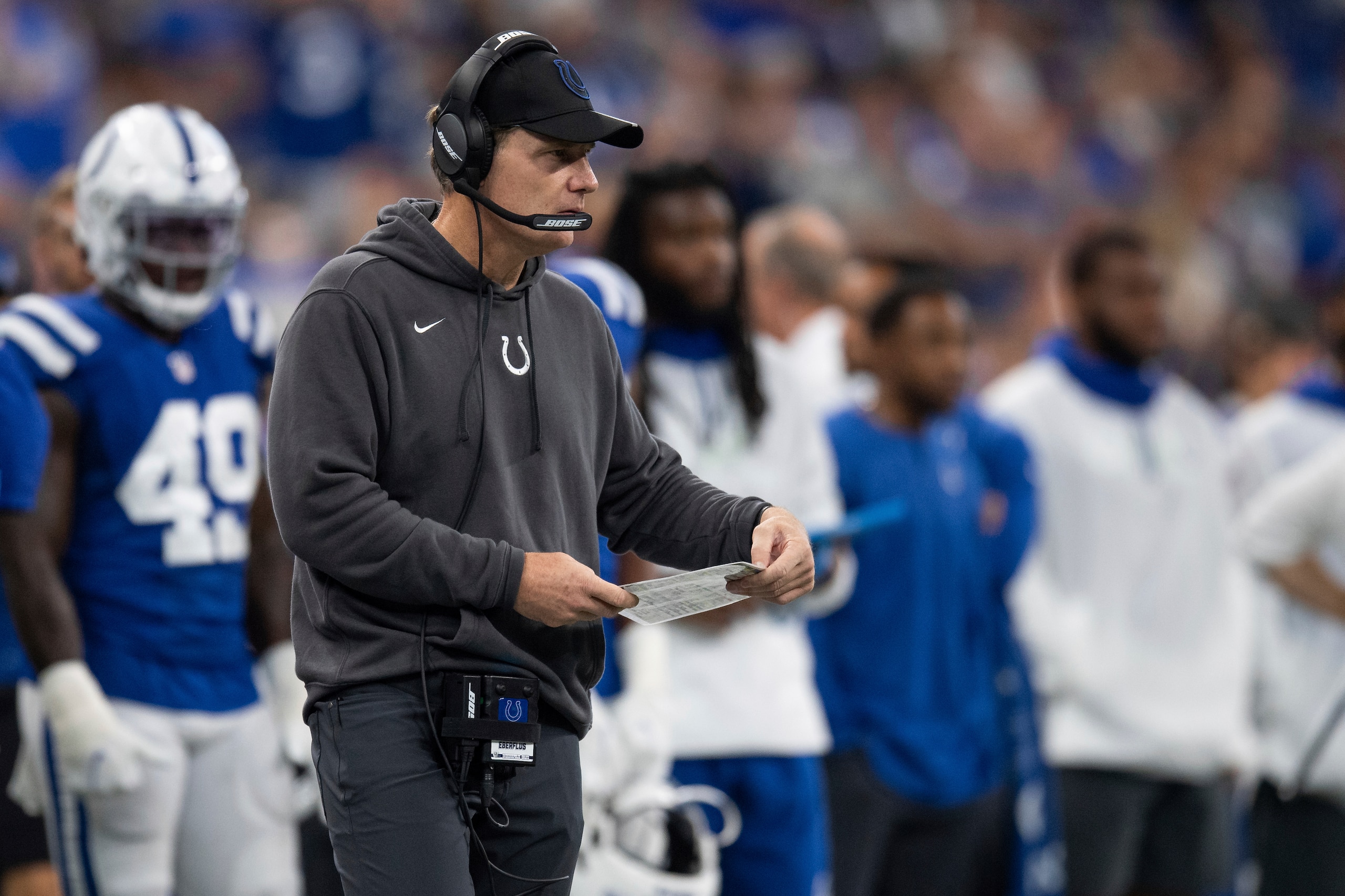 FILE - Indianapolis Colts defensive coordinator Matt Eberflus is shown on the sidelines during an NFL football game against the Los Angeles Rams, Sunday, Sept. 19, 2021, in Indianapolis. Matt Eberflus is the new coach of the Chicago Bears, a person with direct knowledge of the situation told The Associated Press, tasked with turning around a franchise mired in mediocrity for much of the past decade. The person confirmed the move to the AP on condition of anonymity Thursday, Jan. 27, 2022, because there had been no announcement by the Bears.(AP Photo/Zach Bolinger, FIle)