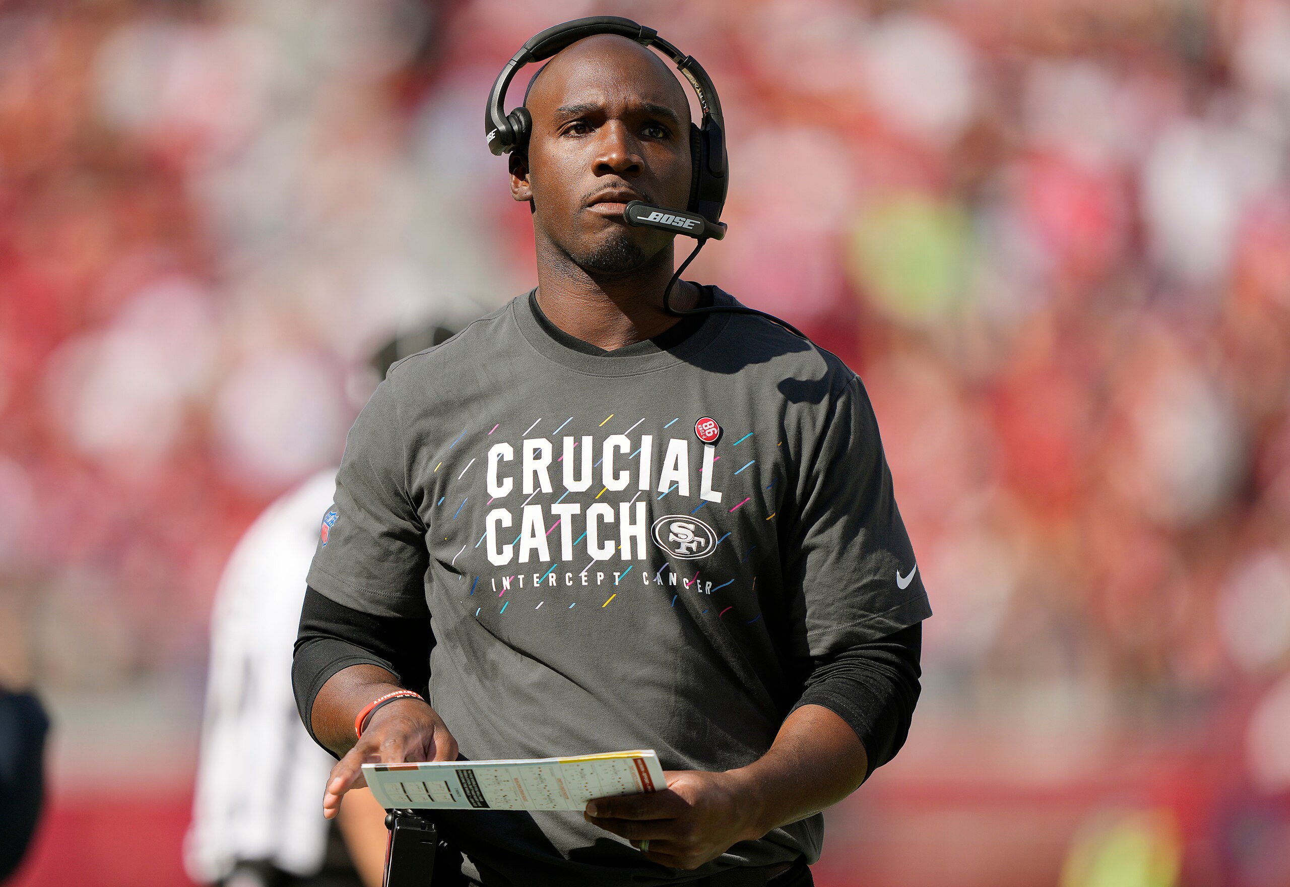 SANTA CLARA, CALIFORNIA - OCTOBER 03: Defensive Coordinator DeMeco Ryans of the San Francisco 49ers looks on from the sidelines against the Seattle Seahawks at Levi's Stadium on October 03, 2021 in Santa Clara, California. (Photo by Thearon W. Henderson/Getty Images) SANTA CLARA, CALIFORNIA - OCTOBER 03: Defensive Coordinator DeMeco Ryans of the San Francisco 49ers looks on from the sidelines against the Seattle Seahawks at Levi's Stadium on October 03, 2021 in Santa Clara, California. (Photo by Thearon W. Henderson/Getty Images)