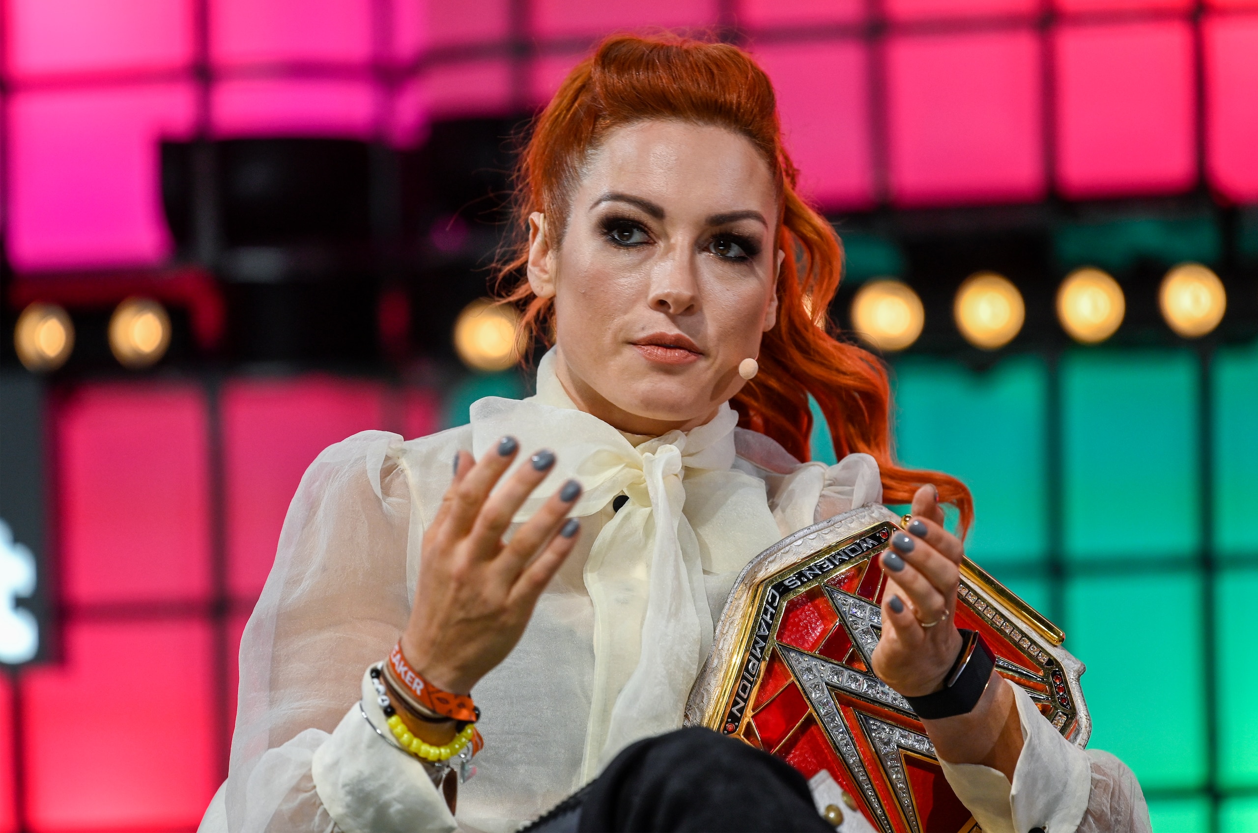LISBON, PORTUGAL - NOVEMBER 07: Becky Lynch, WWE Superstar, WWE, speaks on "She’s 'The Man': How superstar Becky Lynch came to dominate the WWE" at Center Stage of Web Summit in Altice Arena on November 07, 2019 in Lisbon, Portugal. Web Summit is an annual technology conference which brings together a variety of technology companies to discuss the future of industry. This year’s event runs from November 4- 7 and is expected to attract around 70,000 participants.  (Photo by Horacio Villalobos#Corbis/Corbis via Getty Images)