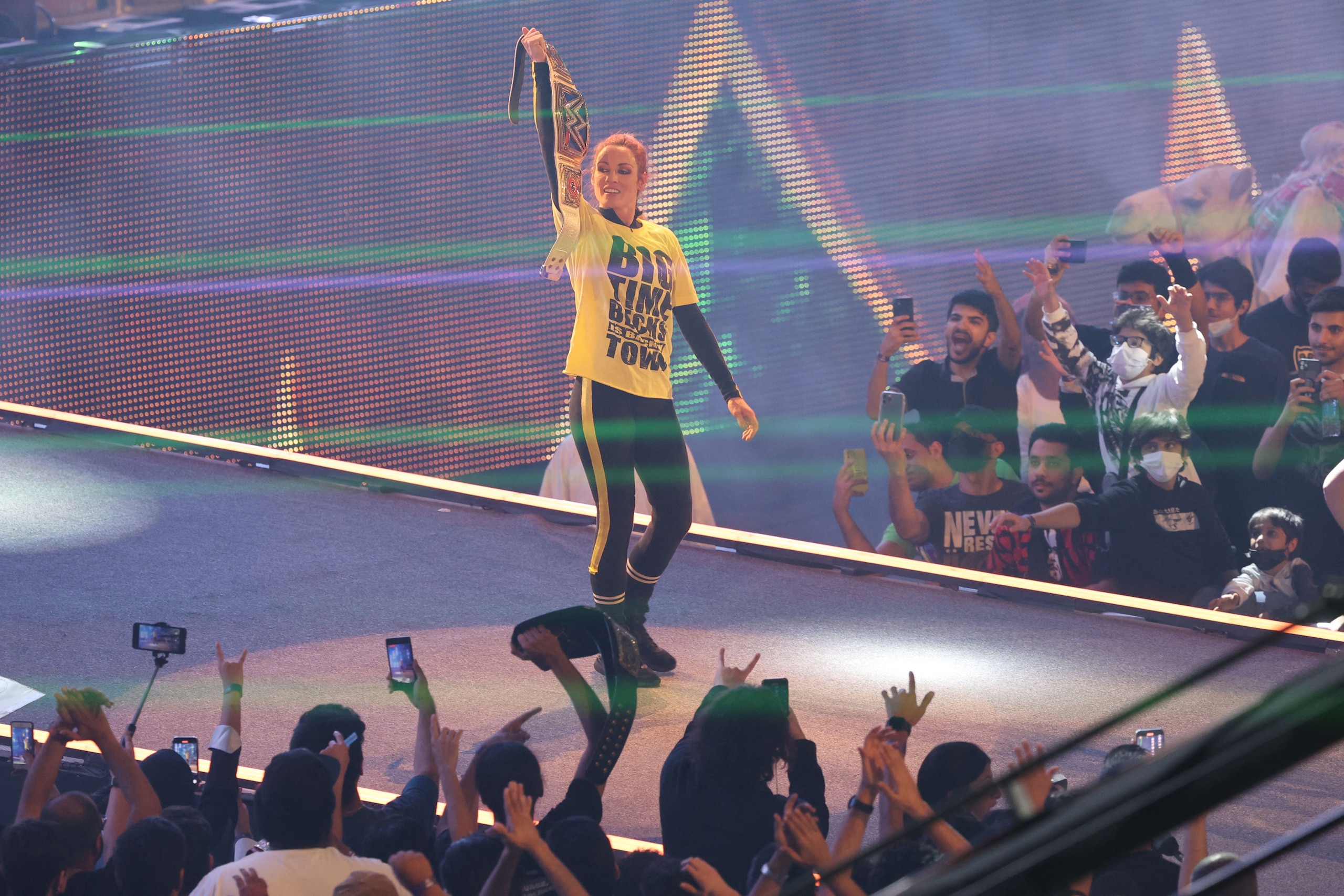 Becky Lynch arrives for her match during the World Wrestling Entertainment (WWE) Crown Jewel pay-per-view in the Saudi capital Riyadh on October 21, 2021. (Photo by Fayez Nureldine / AFP) (Photo by FAYEZ NURELDINE/AFP via Getty Images)