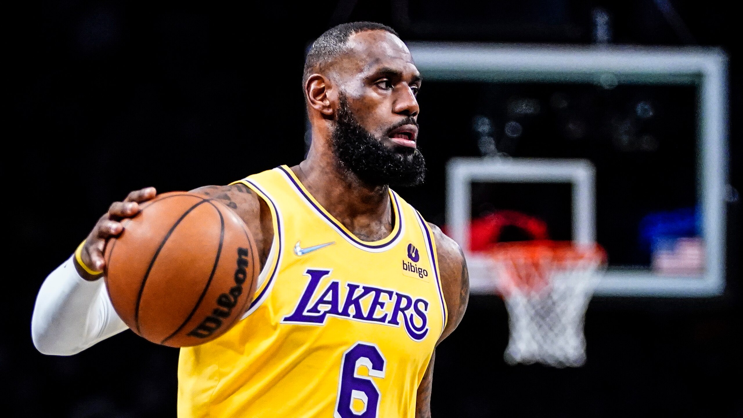 Los Angeles Lakers forward LeBron James (6) during NBA action against Brooklyn Nets, Tuesday Jan. 25, 2022, in New York. (AP Photo/Frank Franklin II)