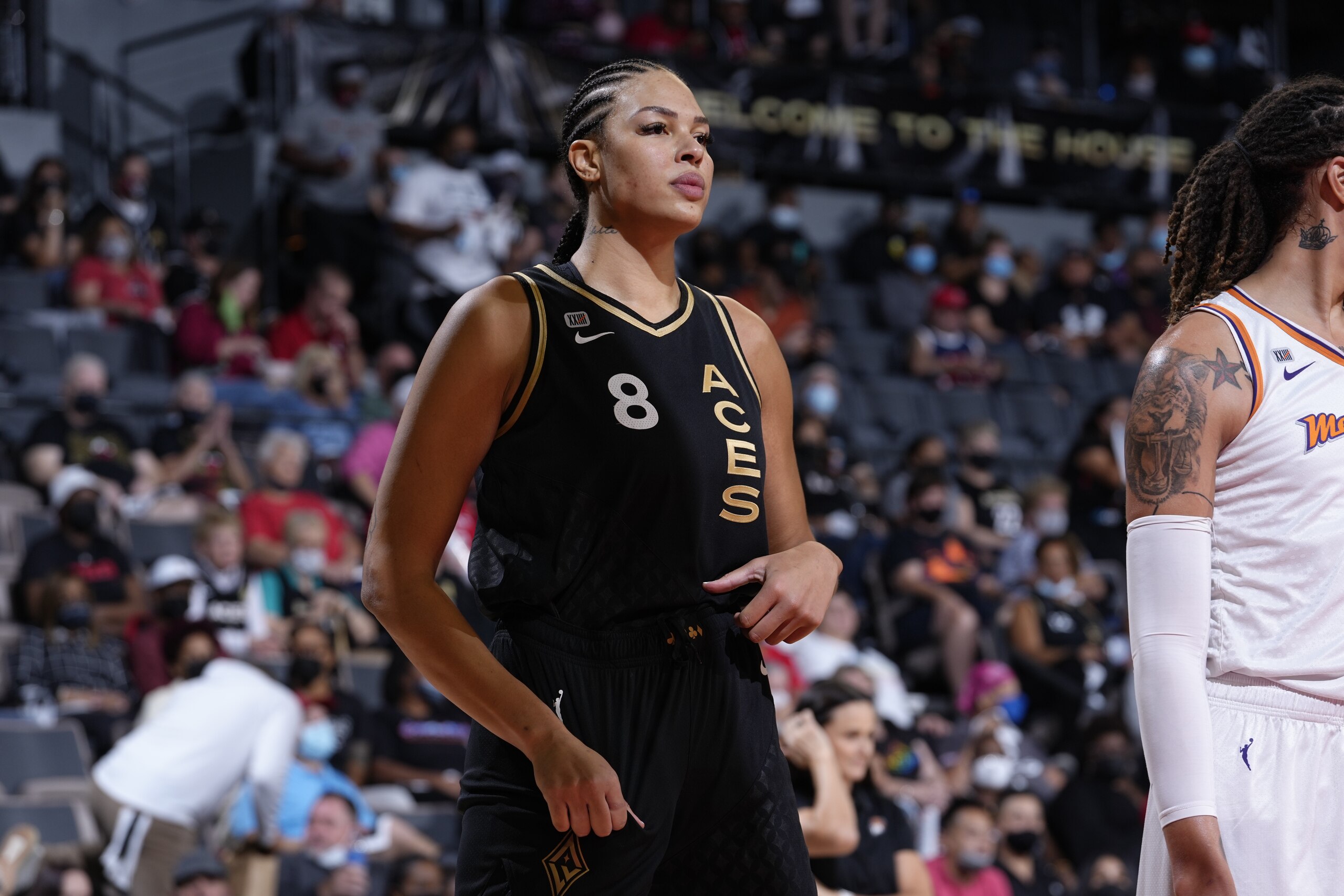 PHOENIX, AZ - OCTOBER 8: Liz Cambage #8 of the Las Vegas Aces looks on during the game against the Phoenix Mercury during Game Five of the 2021 WNBA Semifinals on October 8, 2021 at Footprint Center in Phoenix, Arizona. NOTE TO USER: User expressly acknowledges and agrees that, by downloading and or using this photograph, user is consenting to the terms and conditions of the Getty Images License Agreement. Mandatory Copyright Notice: Copyright 2021 NBAE (Photo by Jeff Bottari/NBAE via Getty Images) PHOENIX, AZ - OCTOBER 8: Liz Cambage #8 of the Las Vegas Aces looks on during the game against the Phoenix Mercury during Game Five of the 2021 WNBA Semifinals on October 8, 2021 at Footprint Center in Phoenix, Arizona. NOTE TO USER: User expressly acknowledges and agrees that, by downloading and or using this photograph, user is consenting to the terms and conditions of the Getty Images License Agreement. Mandatory Copyright Notice: Copyright 2021 NBAE (Photo by Jeff Bottari/NBAE via Getty Images)