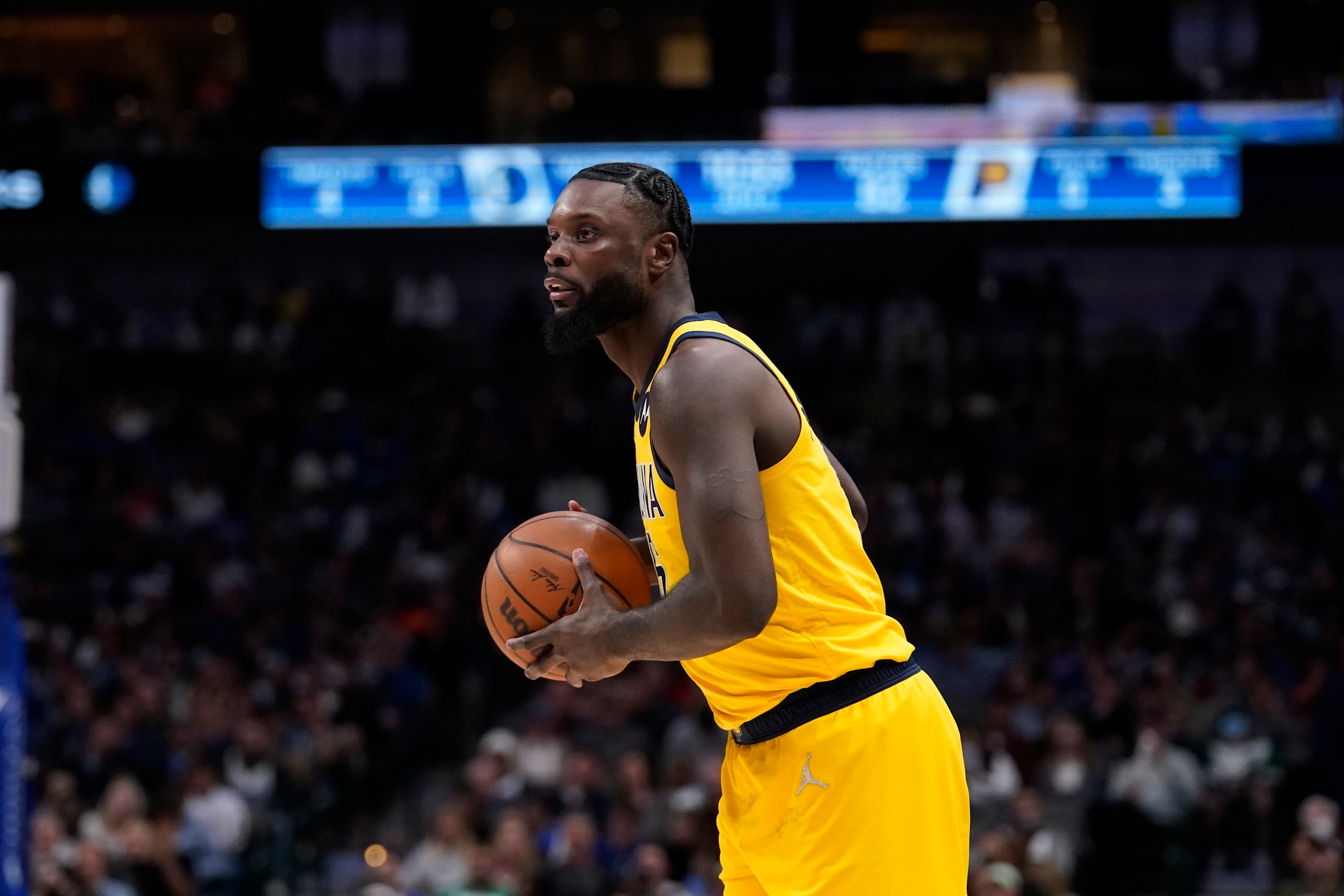 Indiana Pacers guard Lance Stephenson looks to make a pass during an NBA basketball game against the Dallas Mavericks in Dallas, Saturday, Jan. 29, 2022. (AP Photo/Tony Gutierrez)