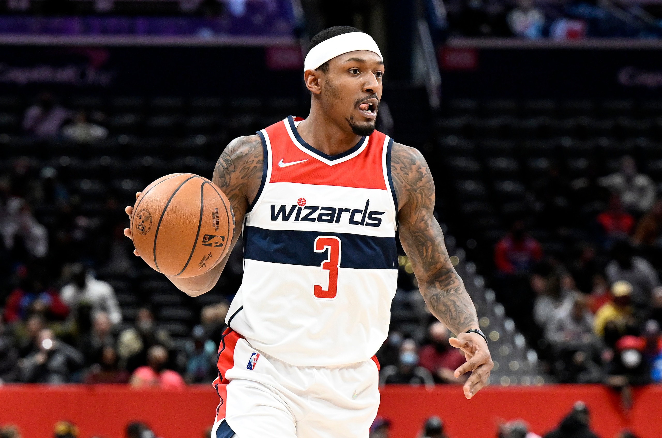 WASHINGTON, DC - JANUARY 25: Bradley Beal #3 of the Washington Wizards handles the ball against the LA Clippers at Capital One Arena on January 25, 2022 in Washington, DC. NOTE TO USER: User expressly acknowledges and agrees that, by downloading and or using this photograph, User is consenting to the terms and conditions of the Getty Images License Agreement.  (Photo by G Fiume/Getty Images)