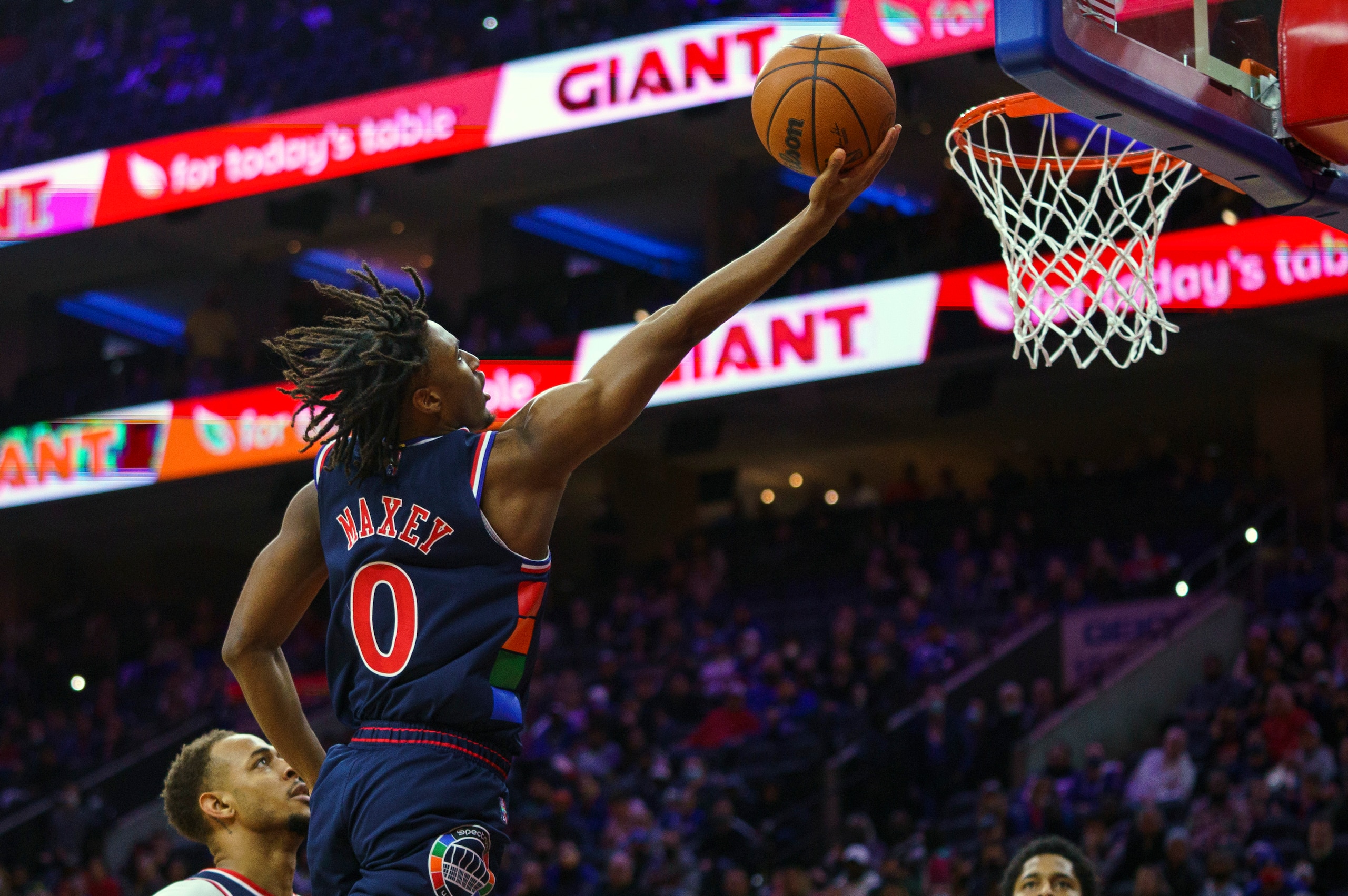 Philadelphia 76ers' Tyrese Maxey goes up for the shot during the second half of an NBA basketball game against the Washington Wizards, Wednesday, Feb. 2, 2022, in Philadelphia. The Wizards won 106-103. (AP Photo/Chris Szagola)