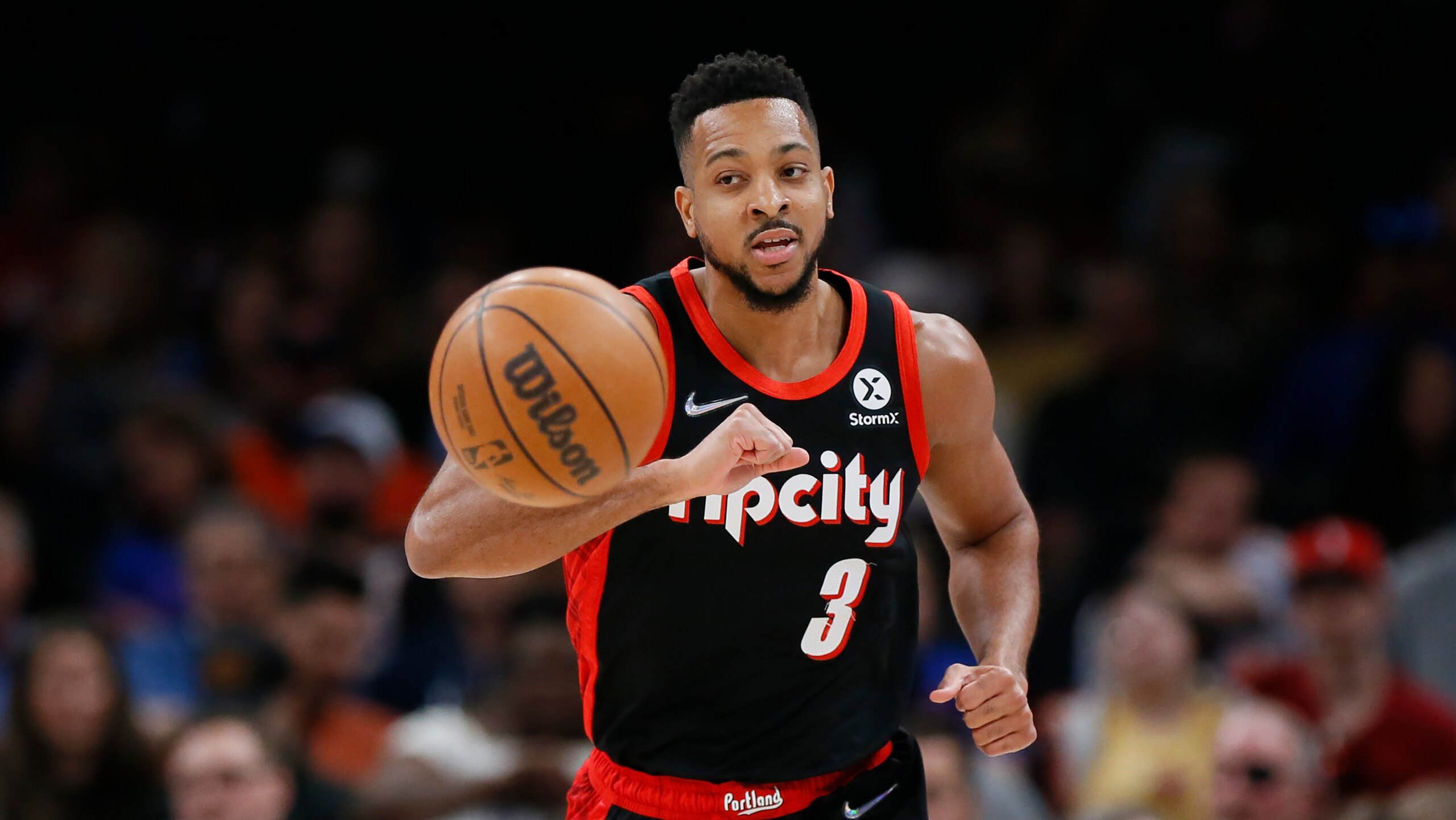 Portland Trail Blazers guard CJ McCollum (3) in the first half of an NBA basketball game Monday, Jan. 31, 2022, in Oklahoma City. (AP Photo/Nate Billings)