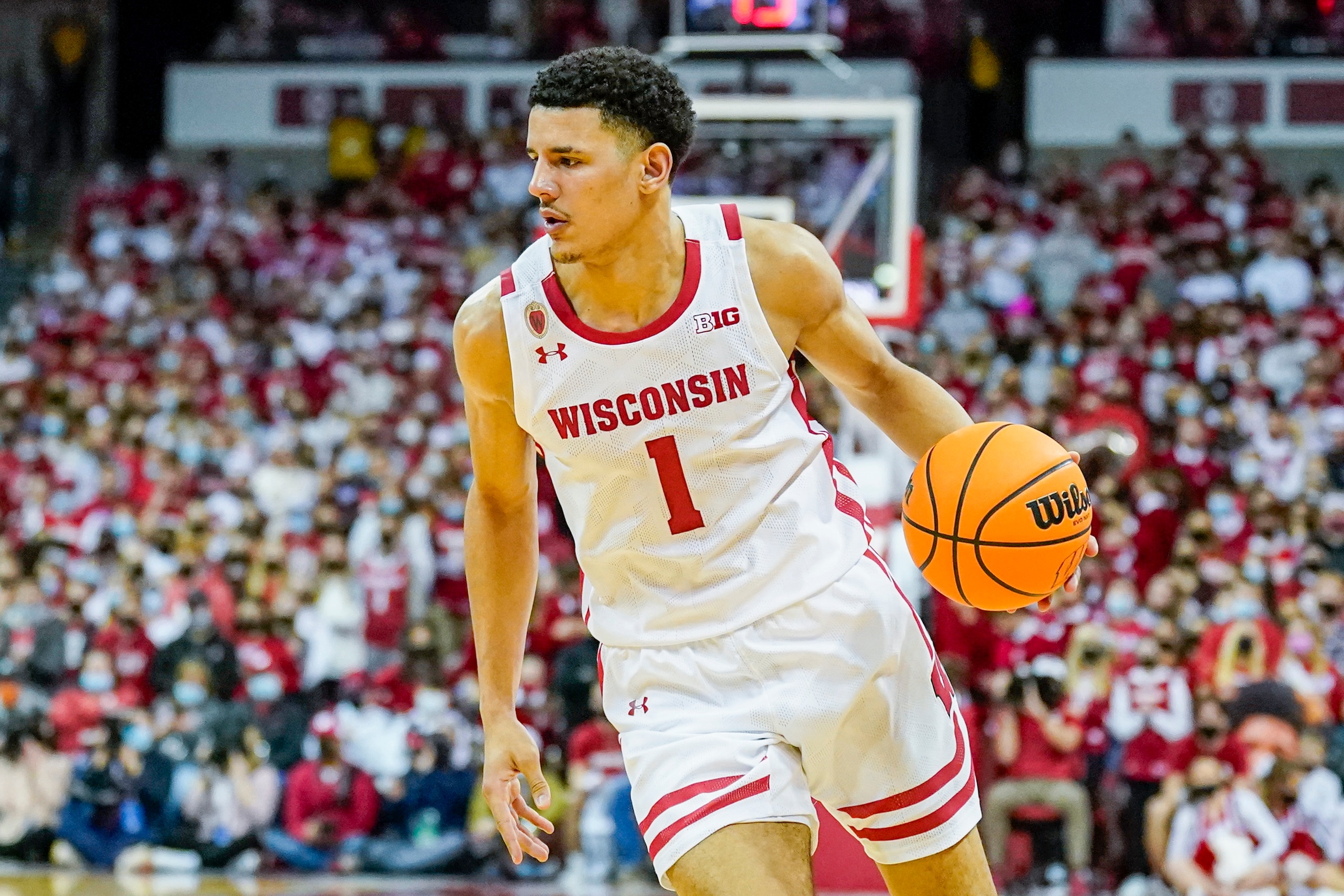 Wisconsin's Johnny Davis (1) during the second half of an NCAA college basketball game against Penn State Saturday, Feb. 5, 2022, in Madison, Wis. Wisconsin won 51-49. (AP Photo/Andy Manis)
