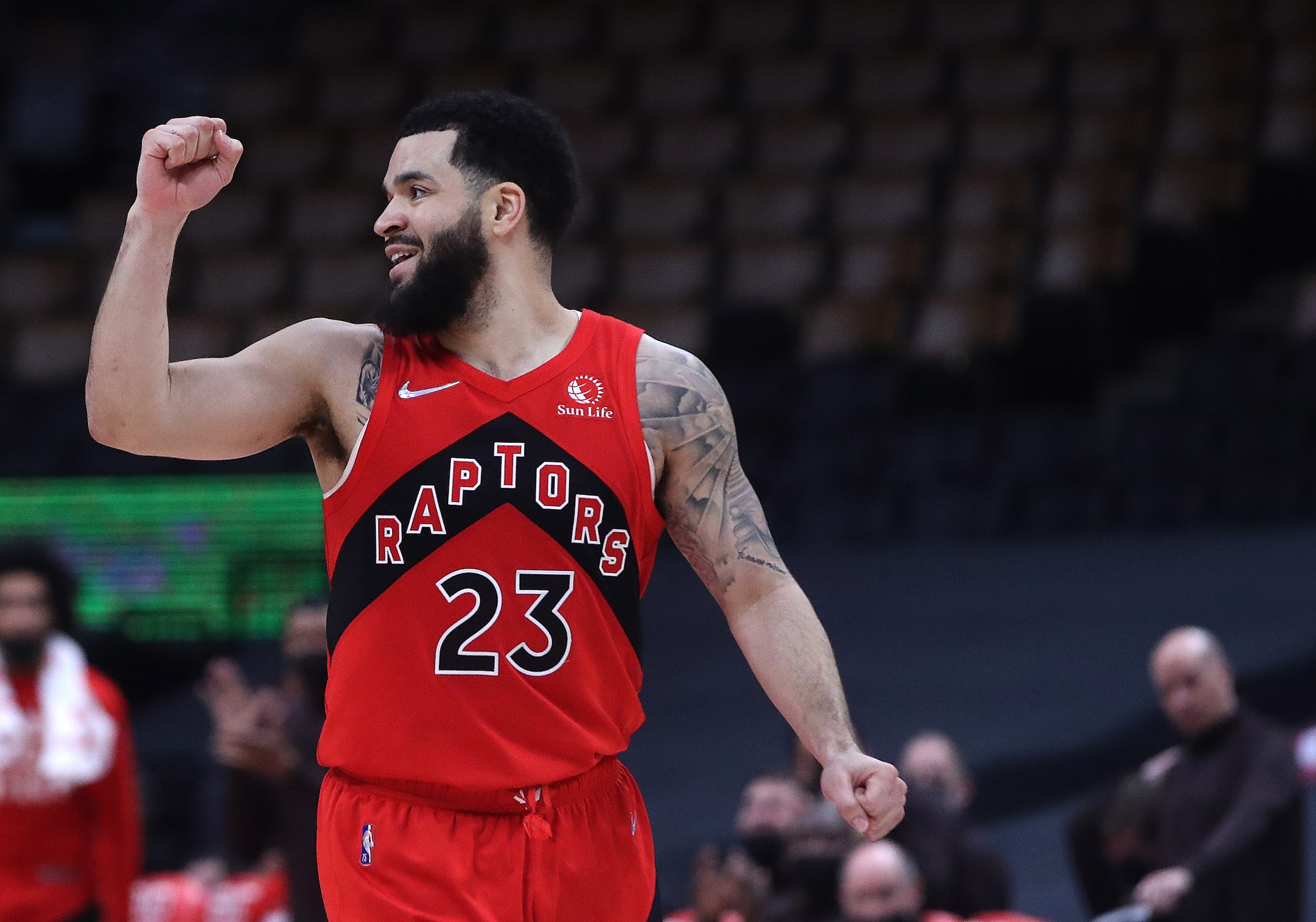 TORONTO, ON- FEBRUARY 1 - Toronto Raptors guard Fred VanVleet (23) pumps his fist after a basket as the Toronto Raptors beat the Miami Heat 110-106 in a stadium with reduced capacity because of COVID-19 at Scotiabank Arena in Toronto. February 1, 2022. (Steve Russell/Toronto Star via Getty Images) TORONTO, ON- FEBRUARY 1 - Toronto Raptors guard Fred VanVleet (23) pumps his fist after a basket as the Toronto Raptors beat the Miami Heat 110-106 in a stadium with reduced capacity because of COVID-19 at Scotiabank Arena in Toronto. February 1, 2022. (Steve Russell/Toronto Star via Getty Images)