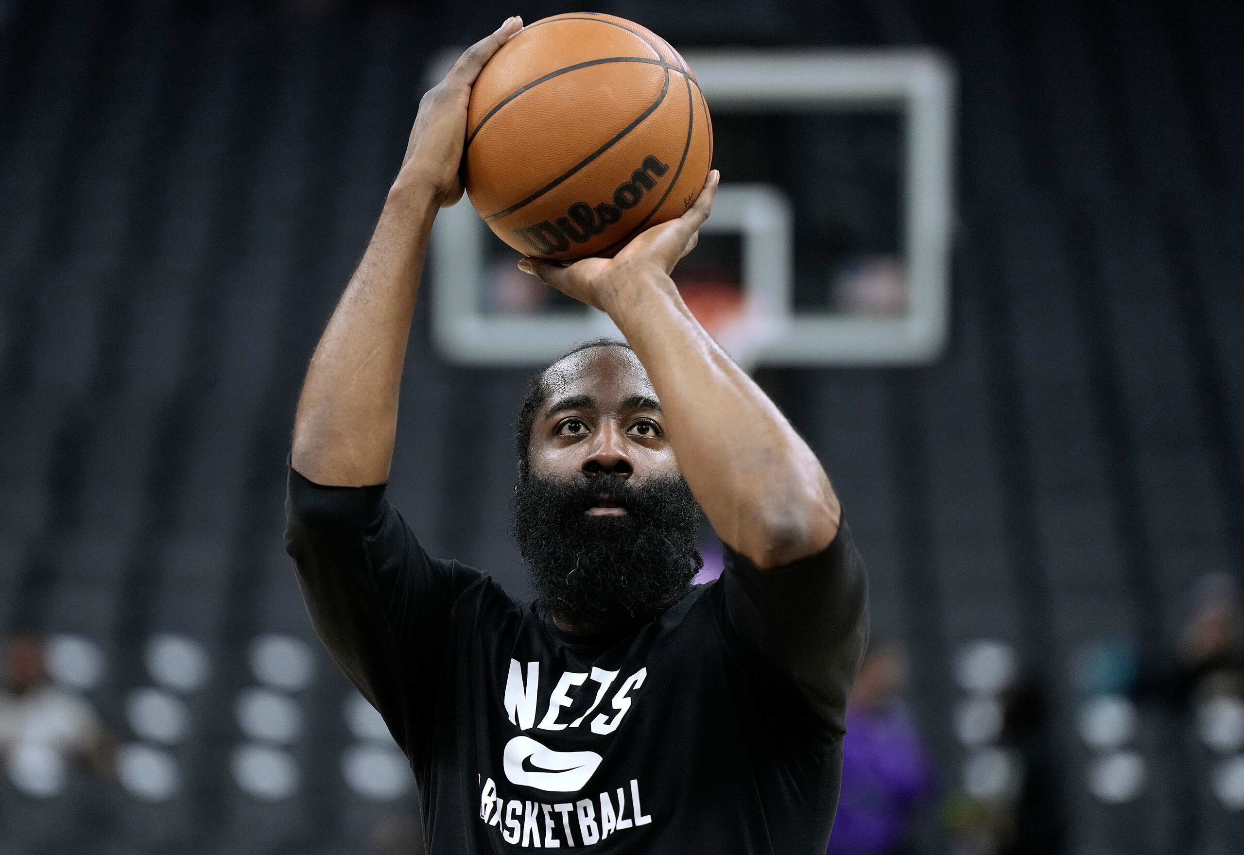 SACRAMENTO, CALIFORNIA - FEBRUARY 02: James Harden #13 of the Brooklyn Nets on the court warming up prior to the start of his game against the Sacramento Kings at Golden 1 Center on February 02, 2022 in Sacramento, California. NOTE TO USER: User expressly acknowledges and agrees that, by downloading and or using this photograph, User is consenting to the terms and conditions of the Getty Images License Agreement. (Photo by Thearon W. Henderson/Getty Images)