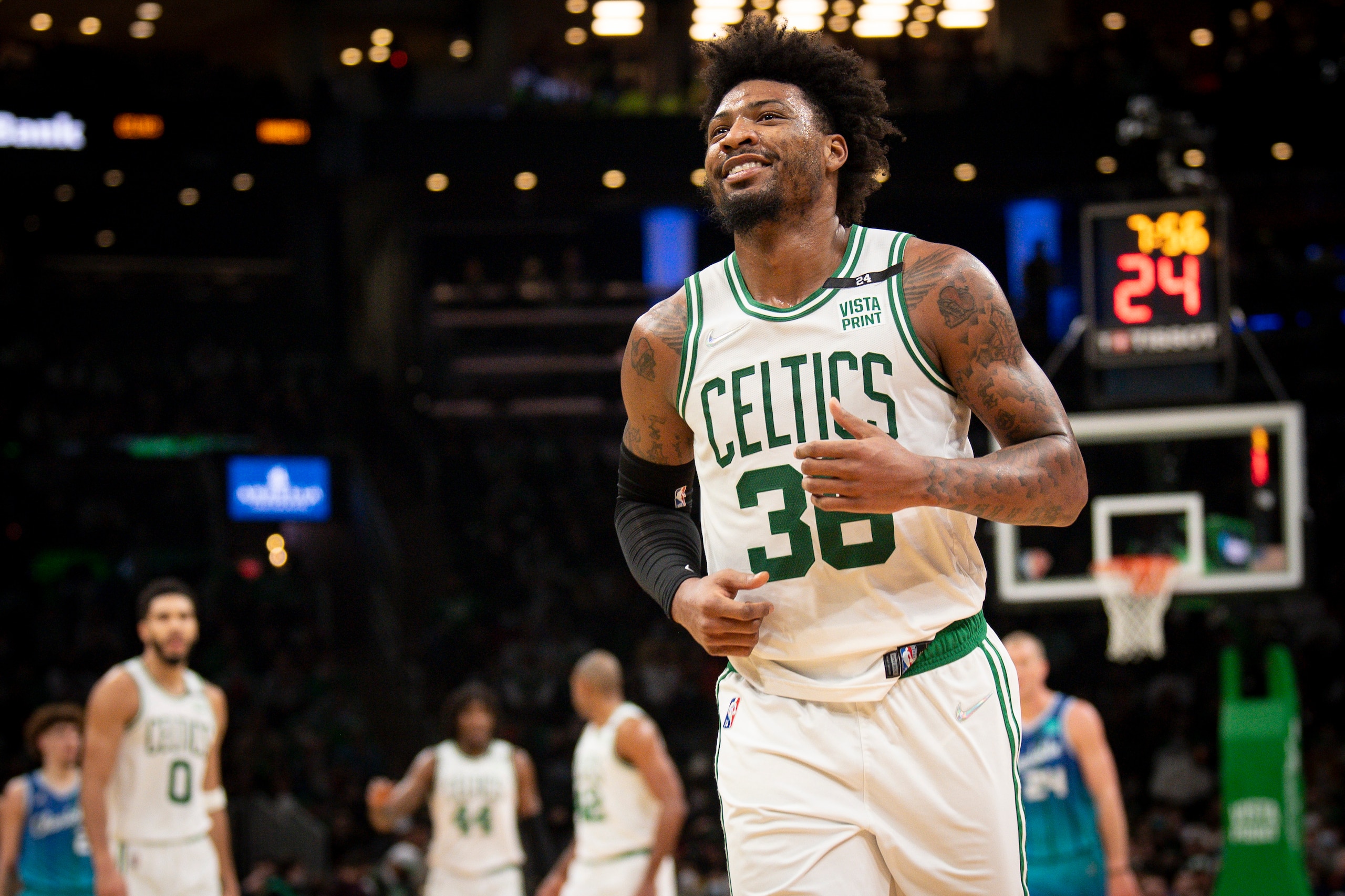 BOSTON, MASSACHUSETTS - FEBRUARY 02: Marcus Smart #36 of the Boston Celtics reacts during a game against the Charlotte Hornets at TD Garden on February 02, 2022 in Boston, Massachusetts. NOTE TO USER: User expressly acknowledges and agrees that, by downloading and or using this photograph, User is consenting to the terms and conditions of the Getty Images License Agreement. (Photo by Maddie Malhotra/Getty Images)