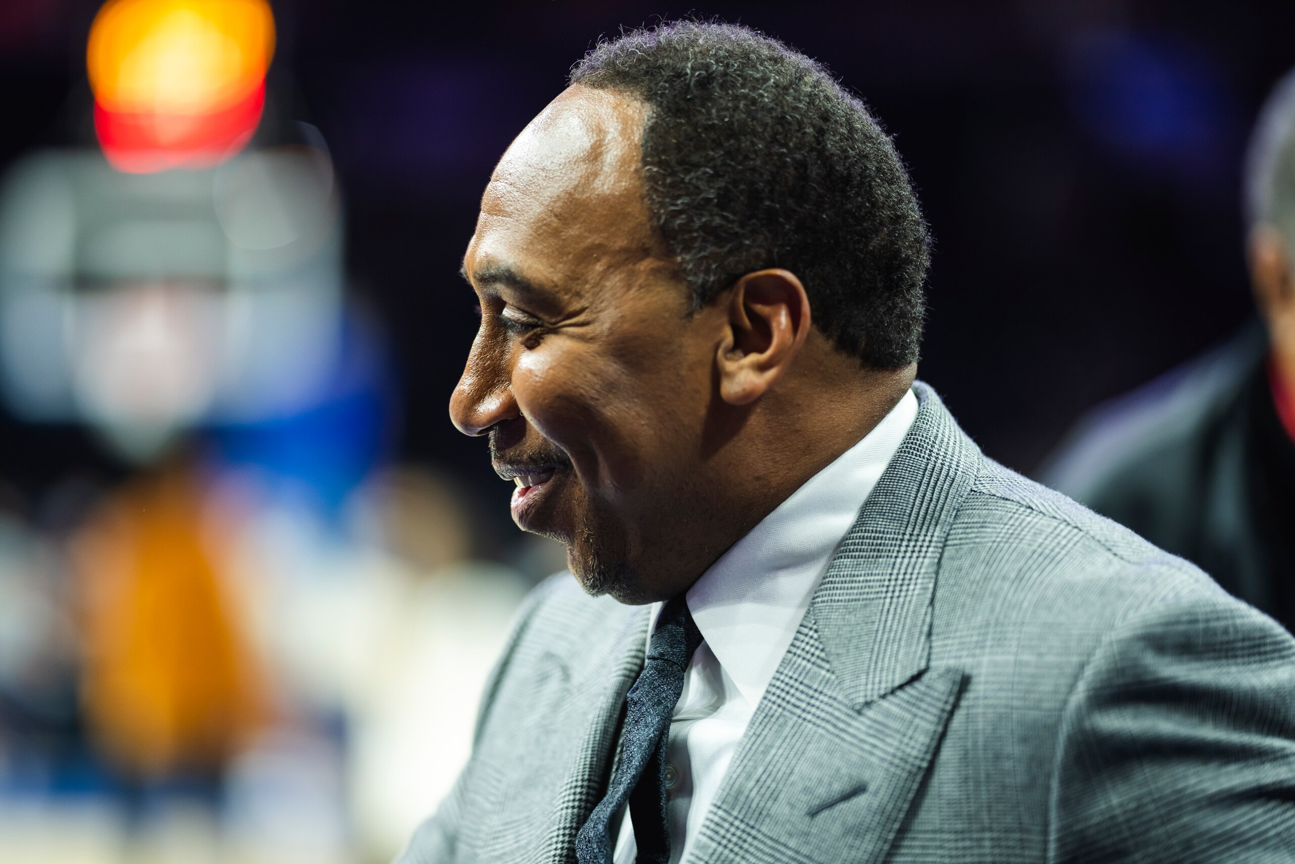 PHILADELPHIA, PA - DECEMBER 11: ESPN commentator Stephen A. Smith attends the game between the Golden State Warriors and the Philadelphia 76ers on December 11, 2021 at Wells Fargo Center in Philadelphia, Pennsylvania. NOTE TO USER: User expressly acknowledges and agrees that, by downloading and/or using this photograph, user is consenting to the terms and conditions of the Getty Images License Agreement. Mandatory Copyright Notice: Copyright 2021 NBAE (Photo by Evan Yu/NBAE via Getty Images)
