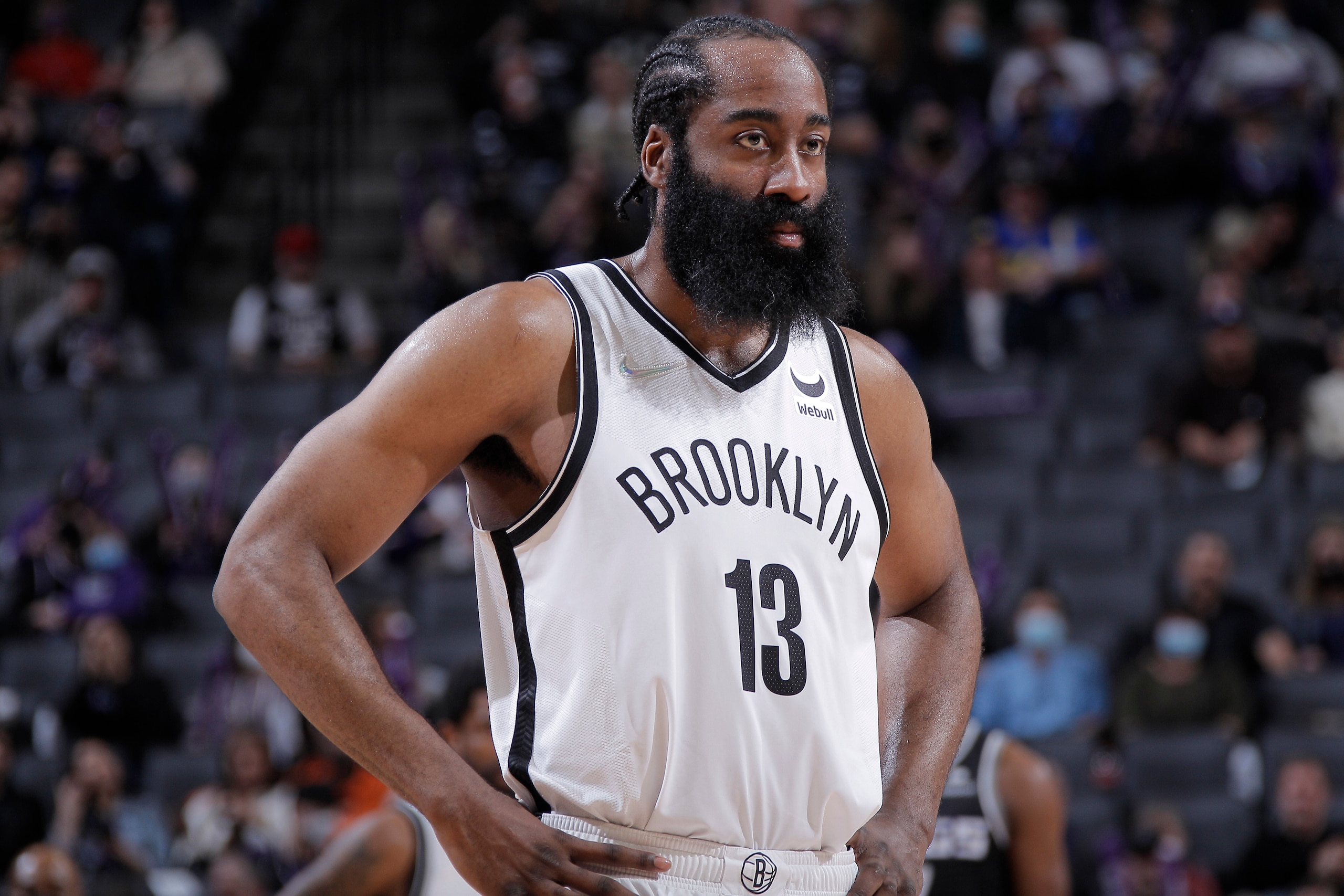 SACRAMENTO, CA - FEBRUARY 2: James Harden #13 of the Brooklyn Nets looks on during the game against the Sacramento Kings on February 2, 2022 at Golden 1 Center in Sacramento, California. NOTE TO USER: User expressly acknowledges and agrees that, by downloading and or using this photograph, User is consenting to the terms and conditions of the Getty Images Agreement. Mandatory Copyright Notice: Copyright 2022 NBAE (Photo by Rocky Widner/NBAE via Getty Images) SACRAMENTO, CA - FEBRUARY 2: James Harden #13 of the Brooklyn Nets looks on during the game against the Sacramento Kings on February 2, 2022 at Golden 1 Center in Sacramento, California. NOTE TO USER: User expressly acknowledges and agrees that, by downloading and or using this photograph, User is consenting to the terms and conditions of the Getty Images Agreement. Mandatory Copyright Notice: Copyright 2022 NBAE (Photo by Rocky Widner/NBAE via Getty Images)