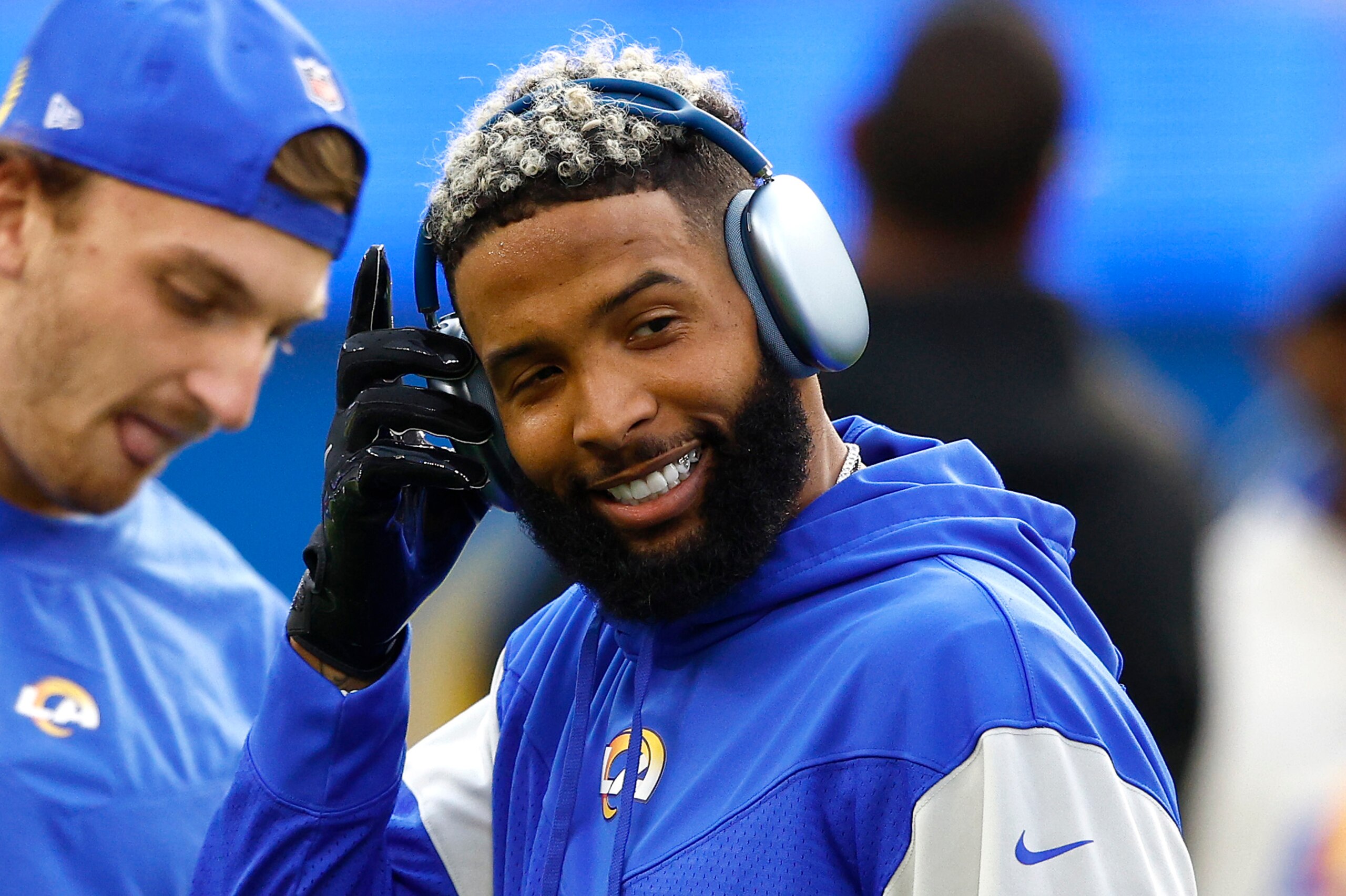 INGLEWOOD, CALIFORNIA - JANUARY 30: Odell Beckham Jr. #3 of the Los Angeles Rams warms up before the NFC Championship Game against the San Francisco 49ers at SoFi Stadium on January 30, 2022 in Inglewood, California. (Photo by Ronald Martinez/Getty Images)