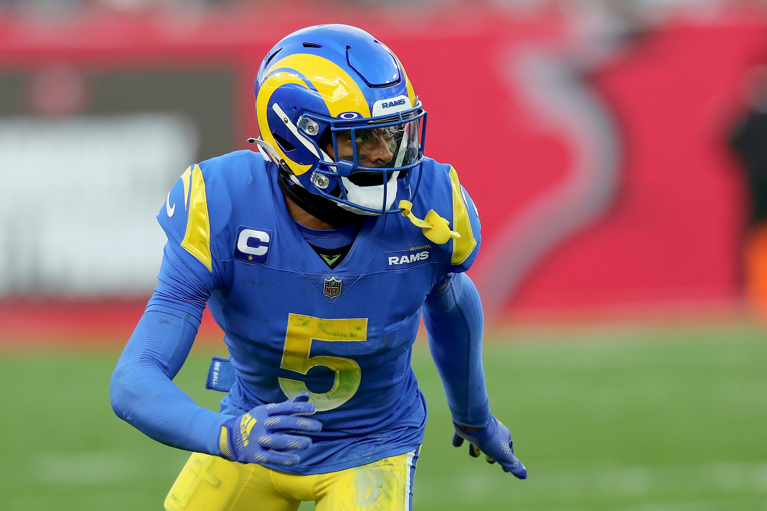 Los Angeles Rams cornerback Jalen Ramsey (5) reacts to the snap during a NFL divisional playoff football game between the Los Angeles Rams and Tampa Bay Buccaneers, Sunday, January 23, 2022 in Tampa, Fla. (AP Photo/Alex Menendez)
