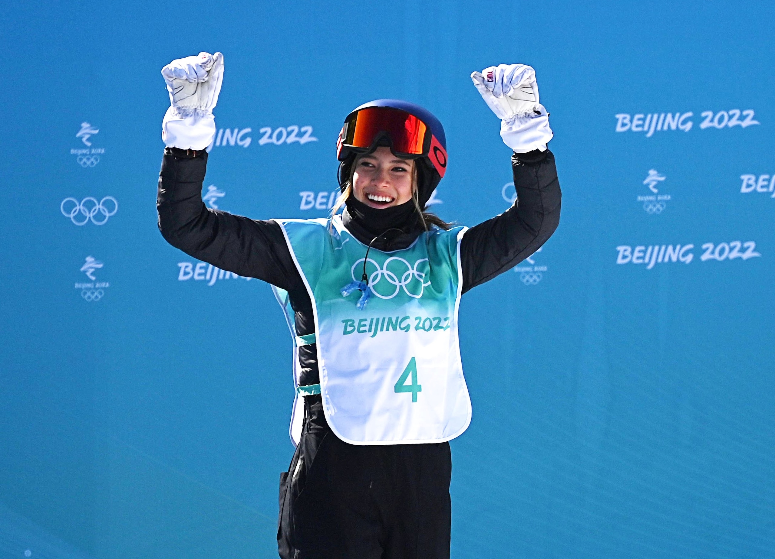 Gu Ailing of China celebrates after the women's freeski big air qualification at Big Air Shougang in Beijing, capital of China, Feb. 7, 2022. (Photo by Xiong Qi/Xinhua via Getty Images)