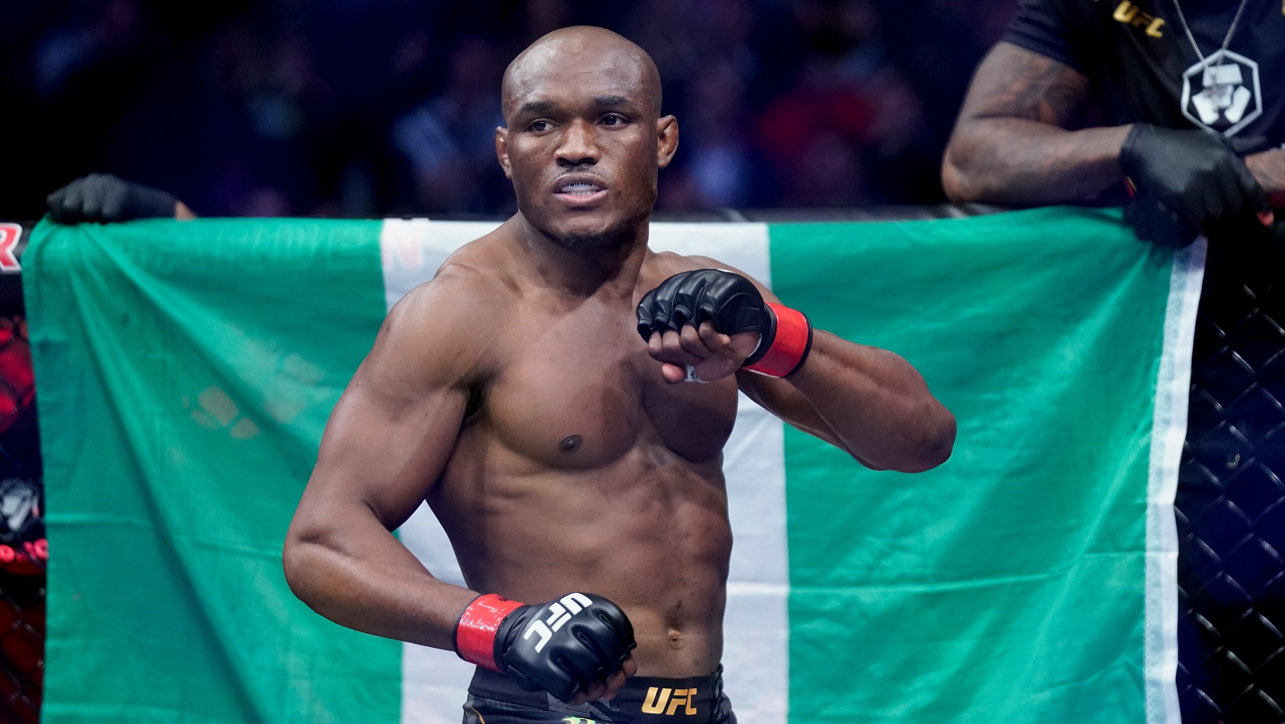 Kamaru Usman before fighting against Colby Covington in a welterweight mixed martial arts championship bout at UFC 268, Sunday, Nov. 7, 2021, in New York. (AP Photo/Corey Sipkin) Kamaru Usman before fighting against Colby Covington in a welterweight mixed martial arts championship bout at UFC 268, Sunday, Nov. 7, 2021, in New York. (AP Photo/Corey Sipkin)