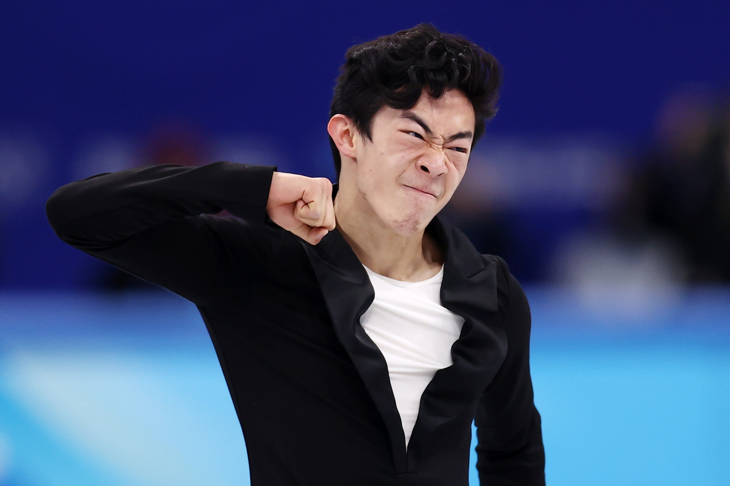 BEIJING, CHINA - FEBRUARY 08: Nathan Chen of Team United States reacts during the Men Single Skating Short Program on day four of the Beijing 2022 Winter Olympic Games at Capital Indoor Stadium on February 08, 2022 in Beijing, China. (Photo by Dean Mouhtaropoulos/Getty Images)