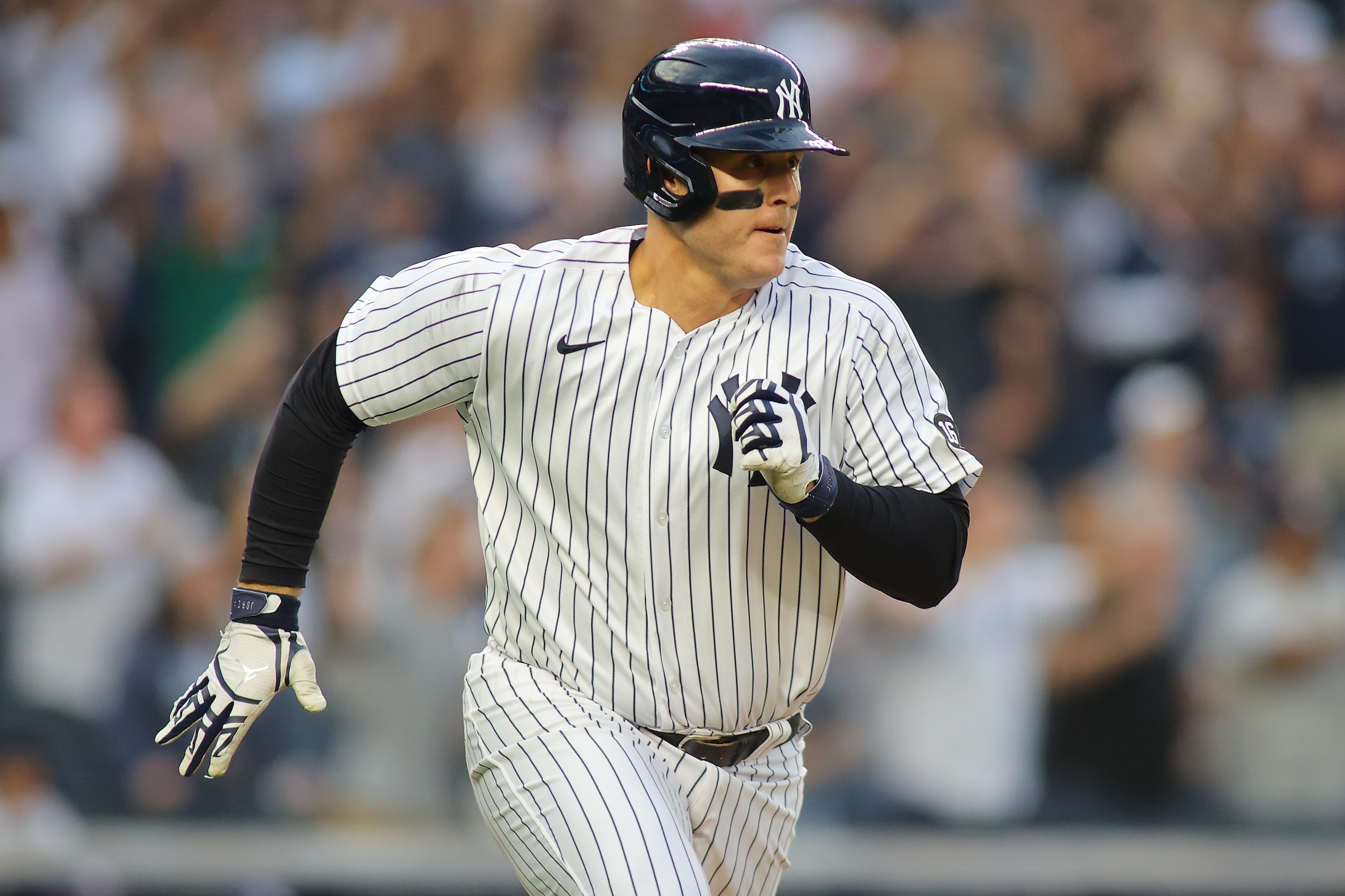 NEW YORK, NEW YORK - OCTOBER 03: Anthony Rizzo #48 of the New York Yankees in action against the Tampa Bay Rays at Yankee Stadium on October 03, 2021 in New York City. New York Yankees defeated the Tampa Bay Rays 1-0. (Photo by Mike Stobe/Getty Images)