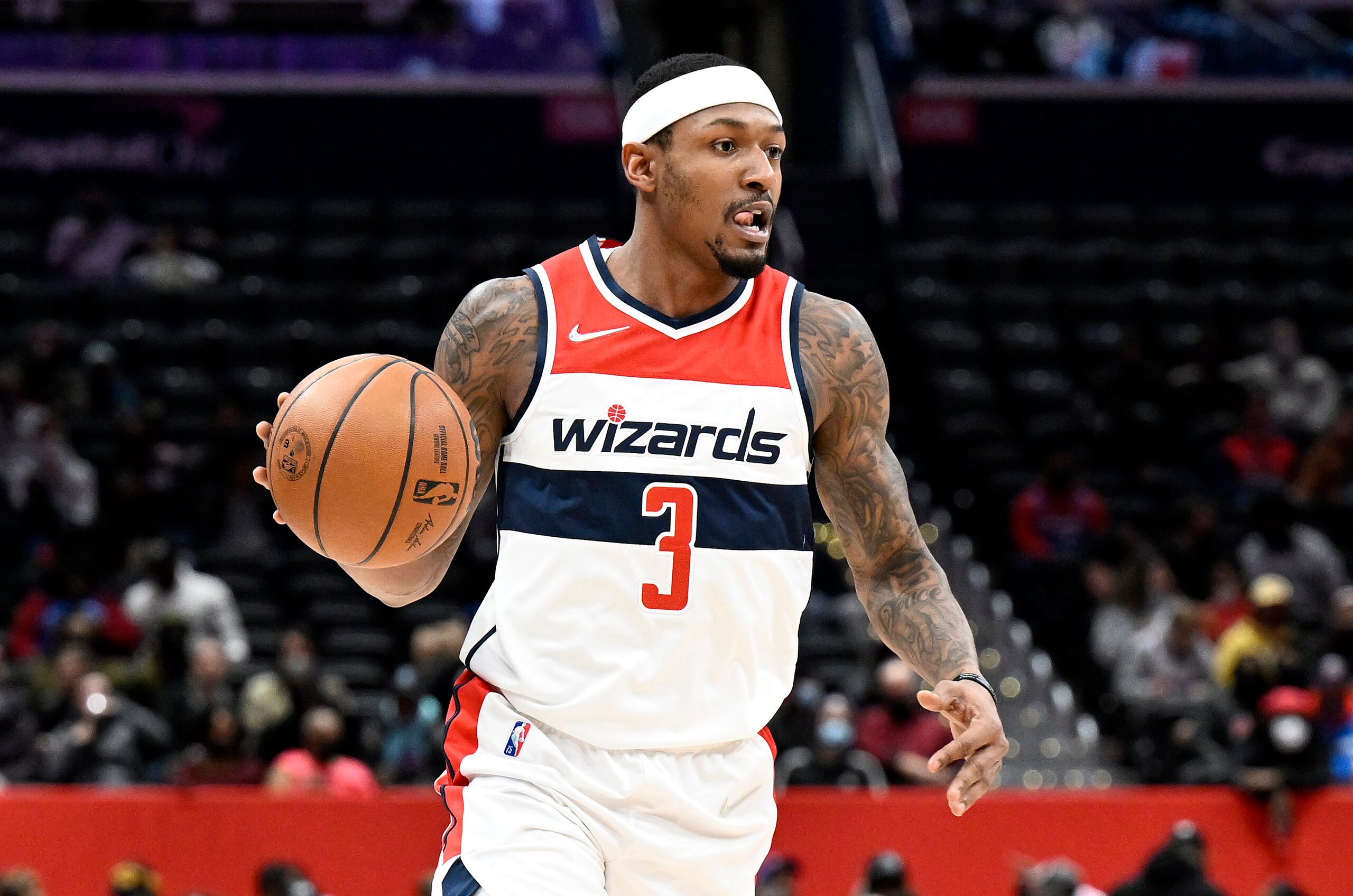 WASHINGTON, DC - JANUARY 25: Bradley Beal #3 of the Washington Wizards handles the ball against the LA Clippers at Capital One Arena on January 25, 2022 in Washington, DC. NOTE TO USER: User expressly acknowledges and agrees that, by downloading and or using this photograph, User is consenting to the terms and conditions of the Getty Images License Agreement.  (Photo by G Fiume/Getty Images)