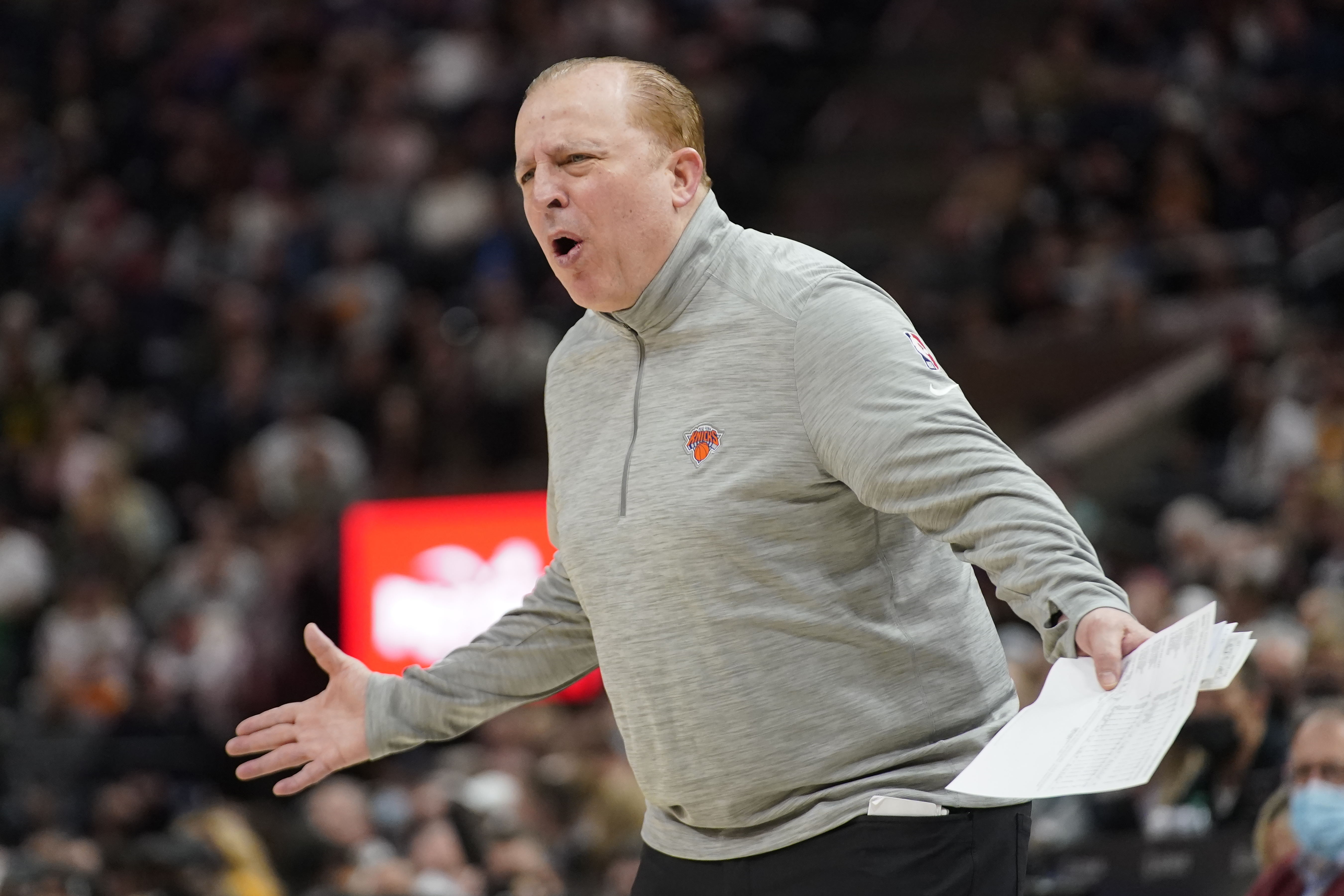 New York Knicks head coach Tom Thibodeau reacts in the first half of an NBA basketball game against the Utah Jazz, Monday, Feb. 7, 2022, in Salt Lake City. (AP Photo/Rick Bowmer)