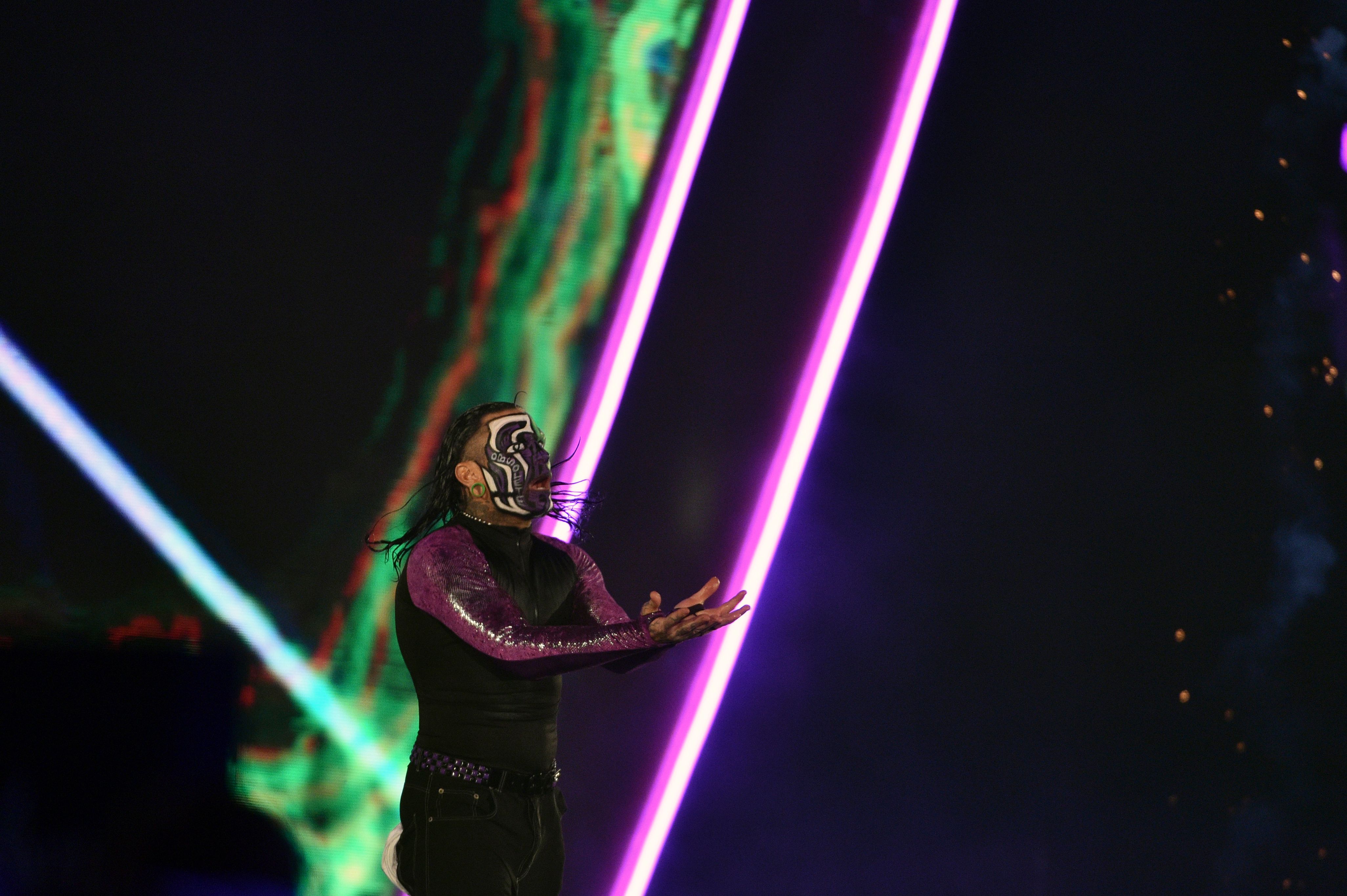 Jeff Hardy makes his way to the ring during the WWE World Cup Quarterfinal match as part of as part of the World Wrestling Entertainment (WWE) Crown Jewel pay-per-view at the King Saud University Stadium in Riyadh on November 2, 2018. (Photo by Fayez Nureldine / AFP)        (Photo credit should read FAYEZ NURELDINE/AFP via Getty Images)