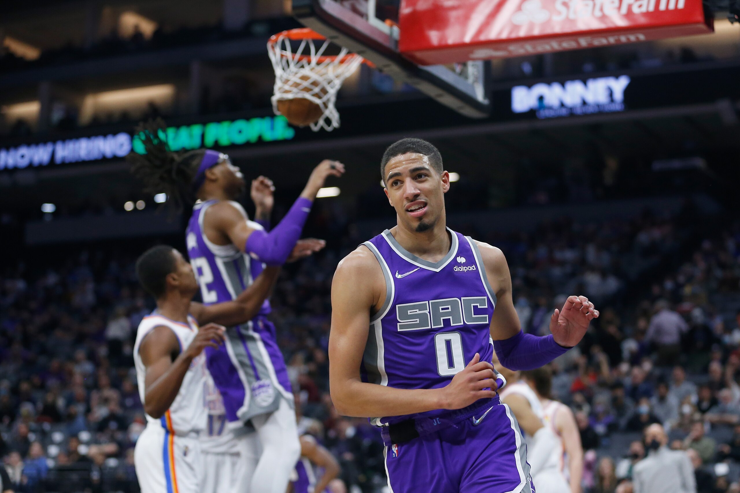 SACRAMENTO, CALIFORNIA - FEBRUARY 05: Tyrese Haliburton #0 of the Sacramento Kings reacts after making a basket in the second quarter against the Oklahoma City Thunder at Golden 1 Center on February 05, 2022 in Sacramento, California. NOTE TO USER: User expressly acknowledges and agrees that, by downloading and/or using this photograph, User is consenting to the terms and conditions of the Getty Images License Agreement. (Photo by Lachlan Cunningham/Getty Images)