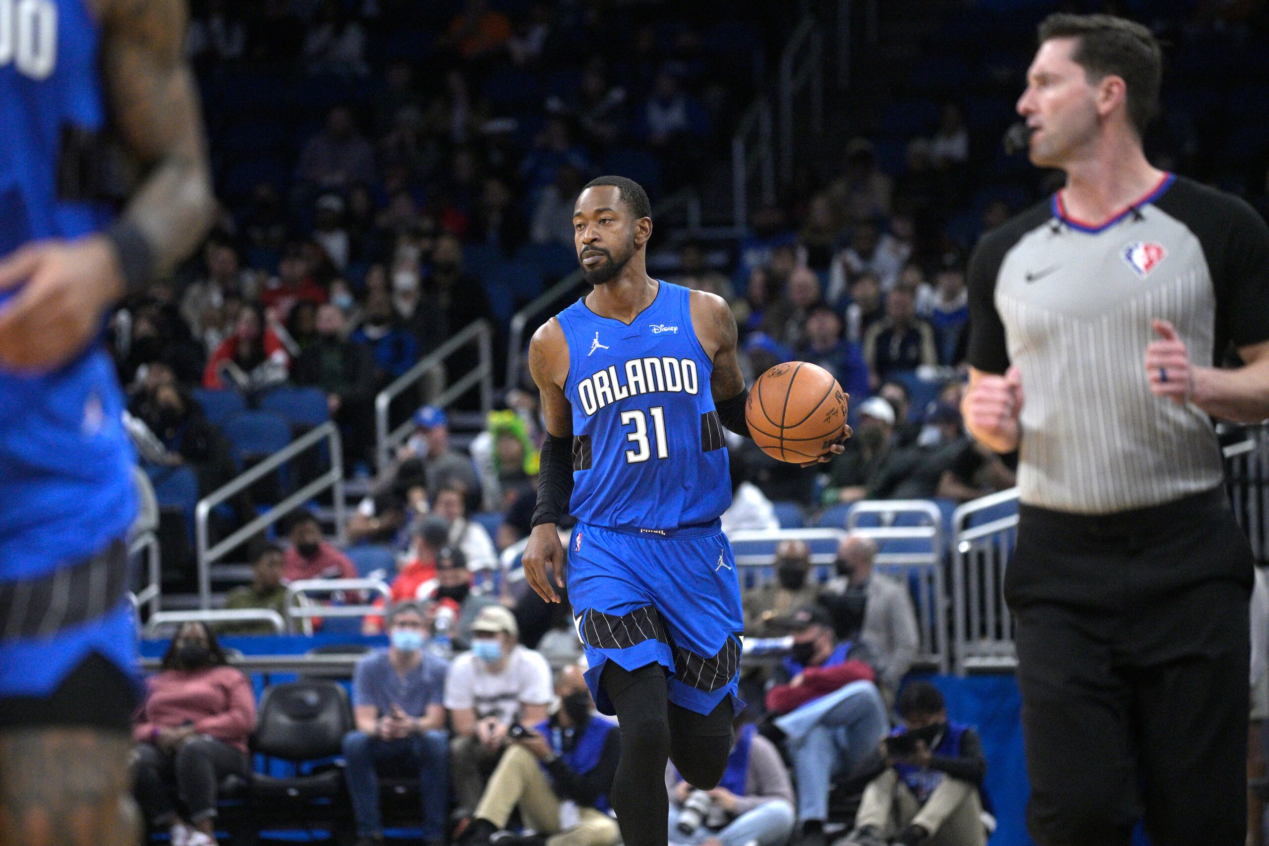 Orlando Magic guard Terrence Ross (31) brings the ball up the court during the second half of an NBA basketball game against the Dallas Mavericks, Sunday, Jan. 30, 2022, in Orlando, Fla. (AP Photo/Phelan M. Ebenhack)