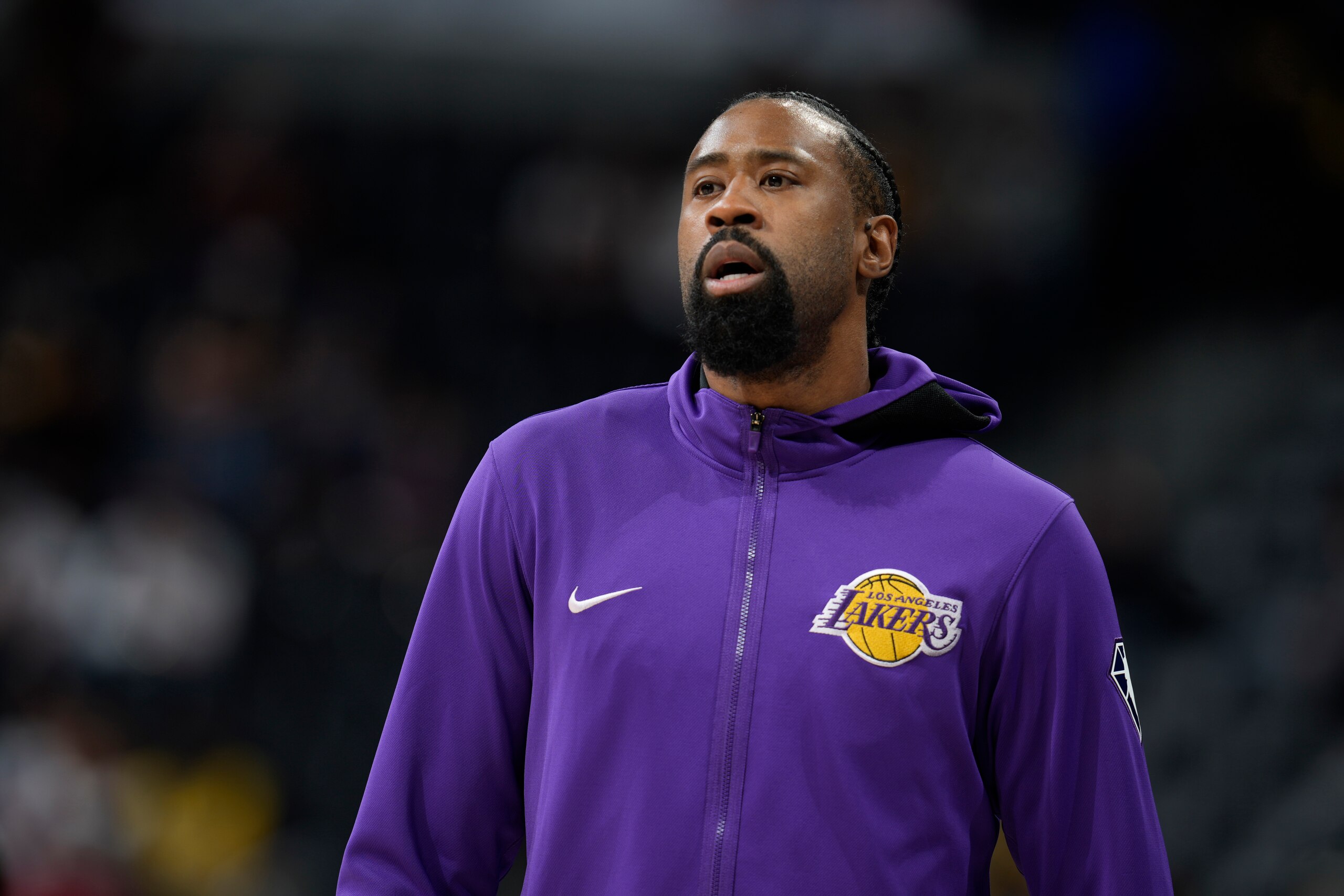 Los Angeles Lakers center DeAndre Jordan (10) in the first half of an NBA basketball game Saturday Jan. 15, 202, in Denver. (AP Photo/David Zalubowski)