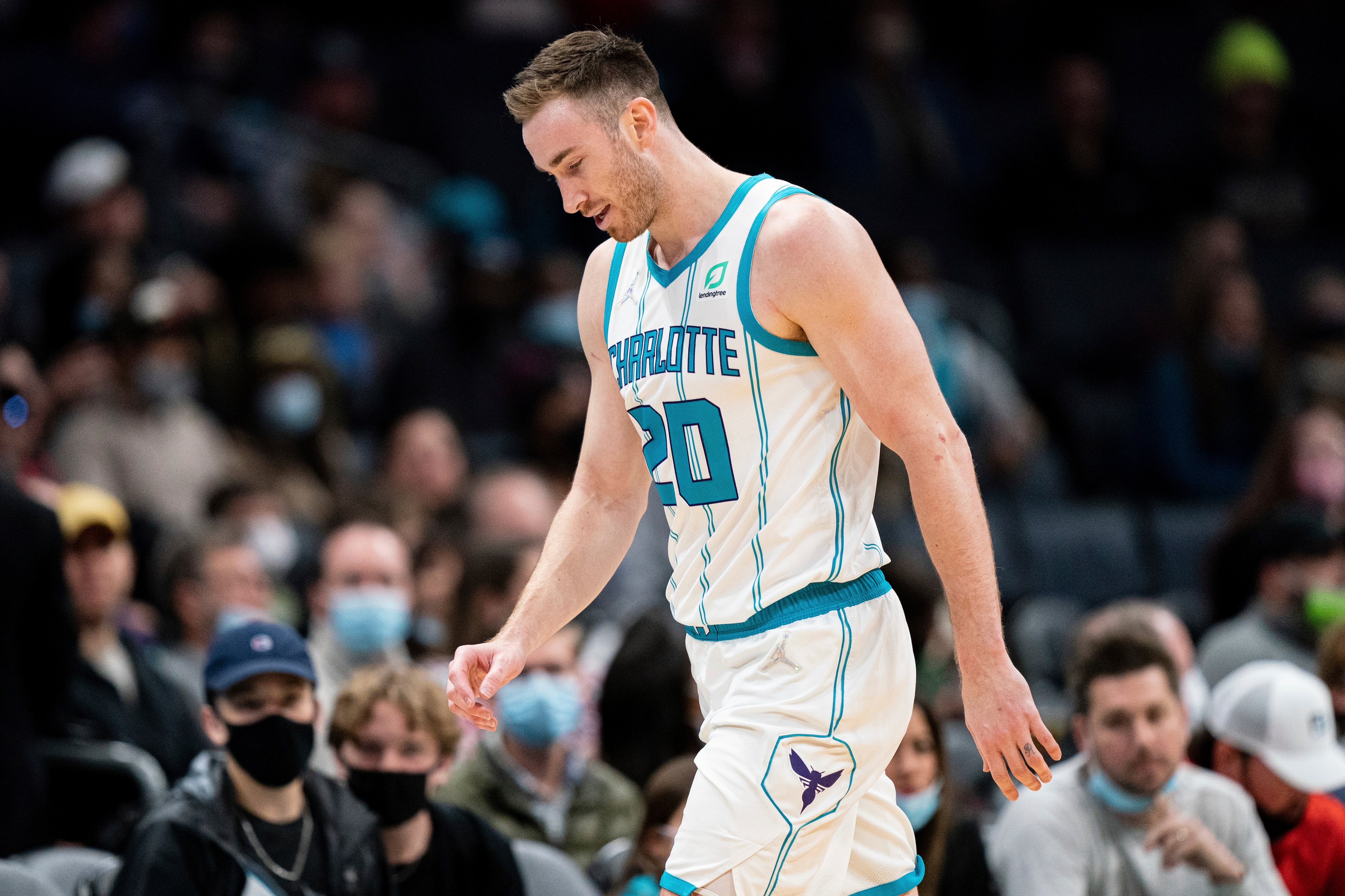 Charlotte Hornets forward Gordon Hayward (20) walks off the court during the first half of an NBA basketball game against the Toronto Raptors in Charlotte, N.C., Monday, Feb. 7, 2022. (AP Photo/Jacob Kupferman) Charlotte Hornets forward Gordon Hayward (20) walks off the court during the first half of an NBA basketball game against the Toronto Raptors in Charlotte, N.C., Monday, Feb. 7, 2022. (AP Photo/Jacob Kupferman)