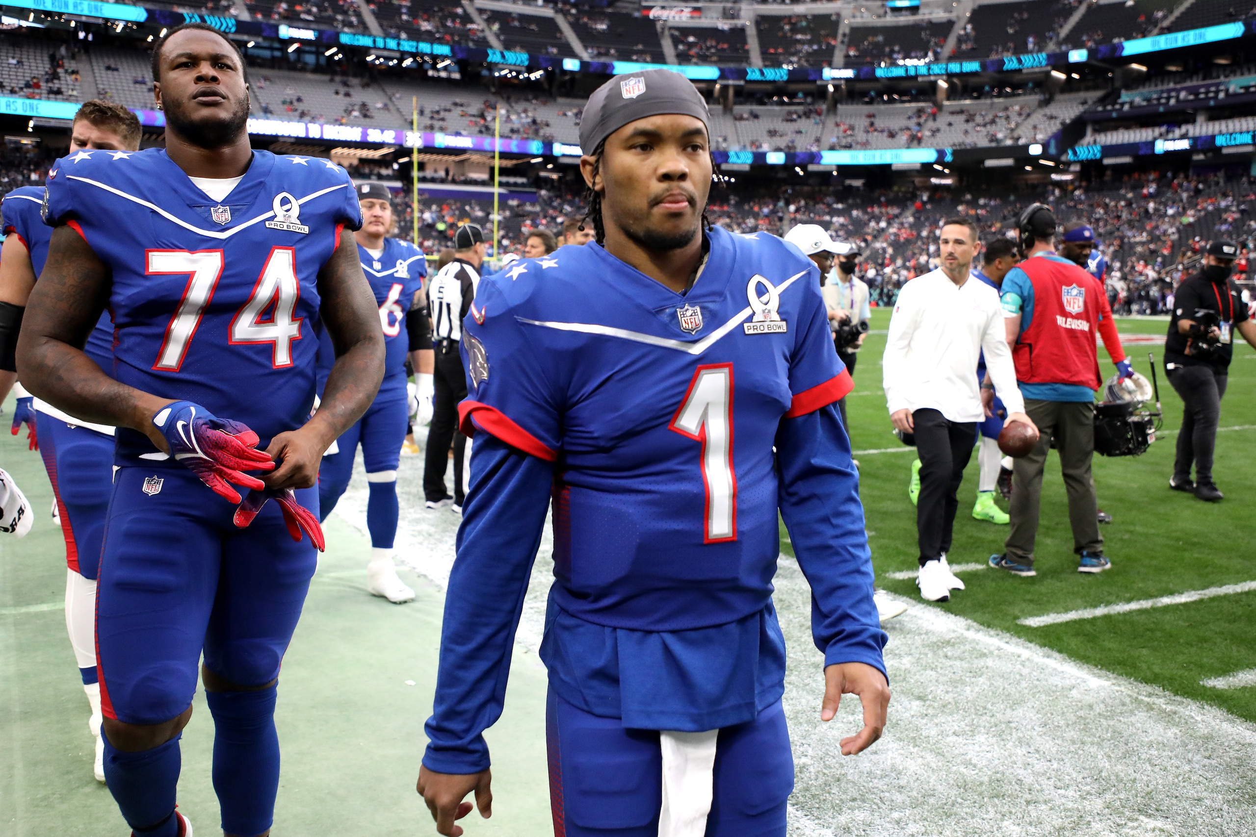LAS VEGAS, NEVADA - FEBRUARY 06: Kyler Murray #1 of the Arizona Cardinals walks off the field before the 2022 NFL Pro Bowl at Allegiant Stadium on February 06, 2022 in Las Vegas, Nevada. (Photo by Christian Petersen/Getty Images)