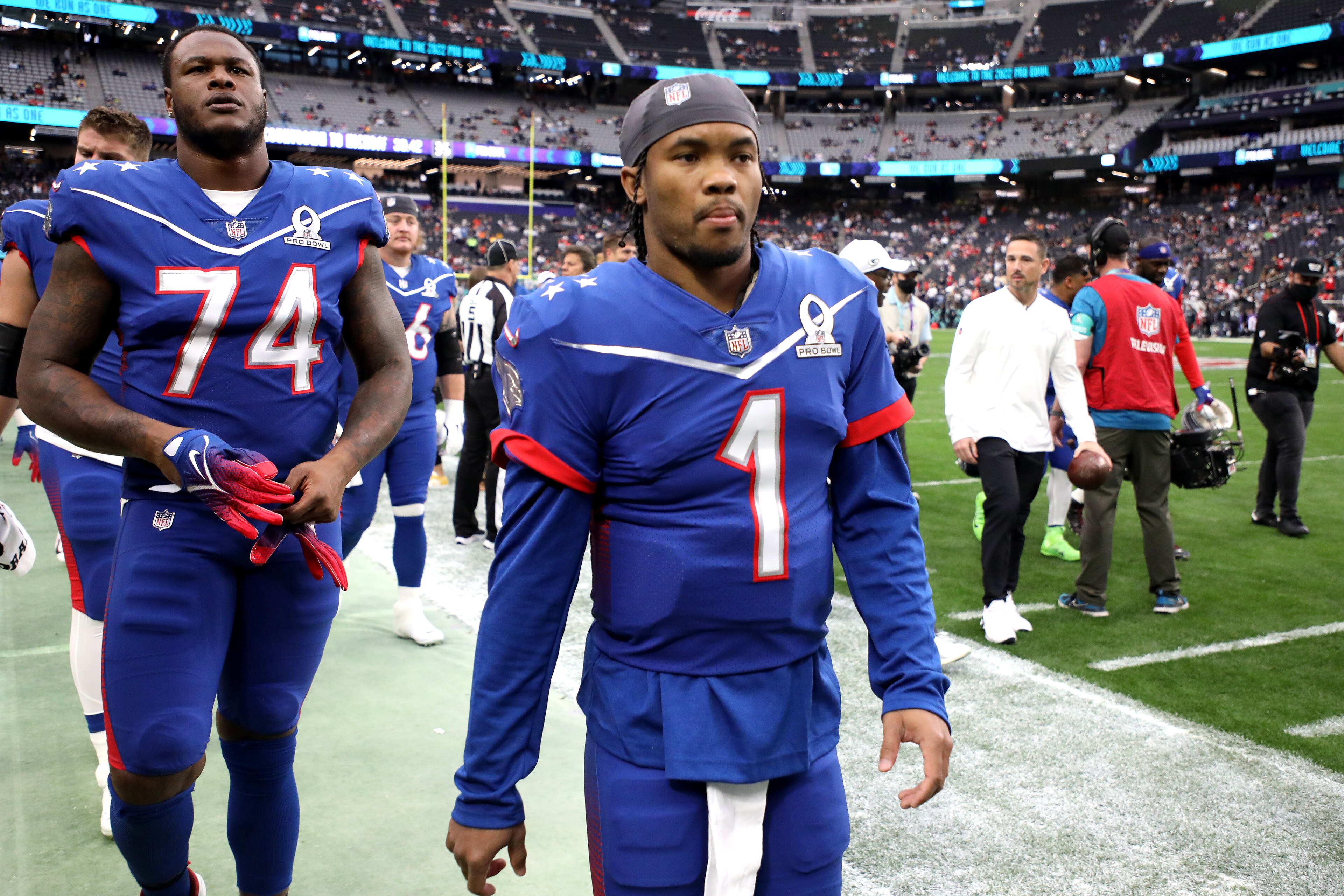 LAS VEGAS, NEVADA - FEBRUARY 06: Kyler Murray #1 of the Arizona Cardinals walks off the field before the 2022 NFL Pro Bowl at Allegiant Stadium on February 06, 2022 in Las Vegas, Nevada. (Photo by Christian Petersen/Getty Images)