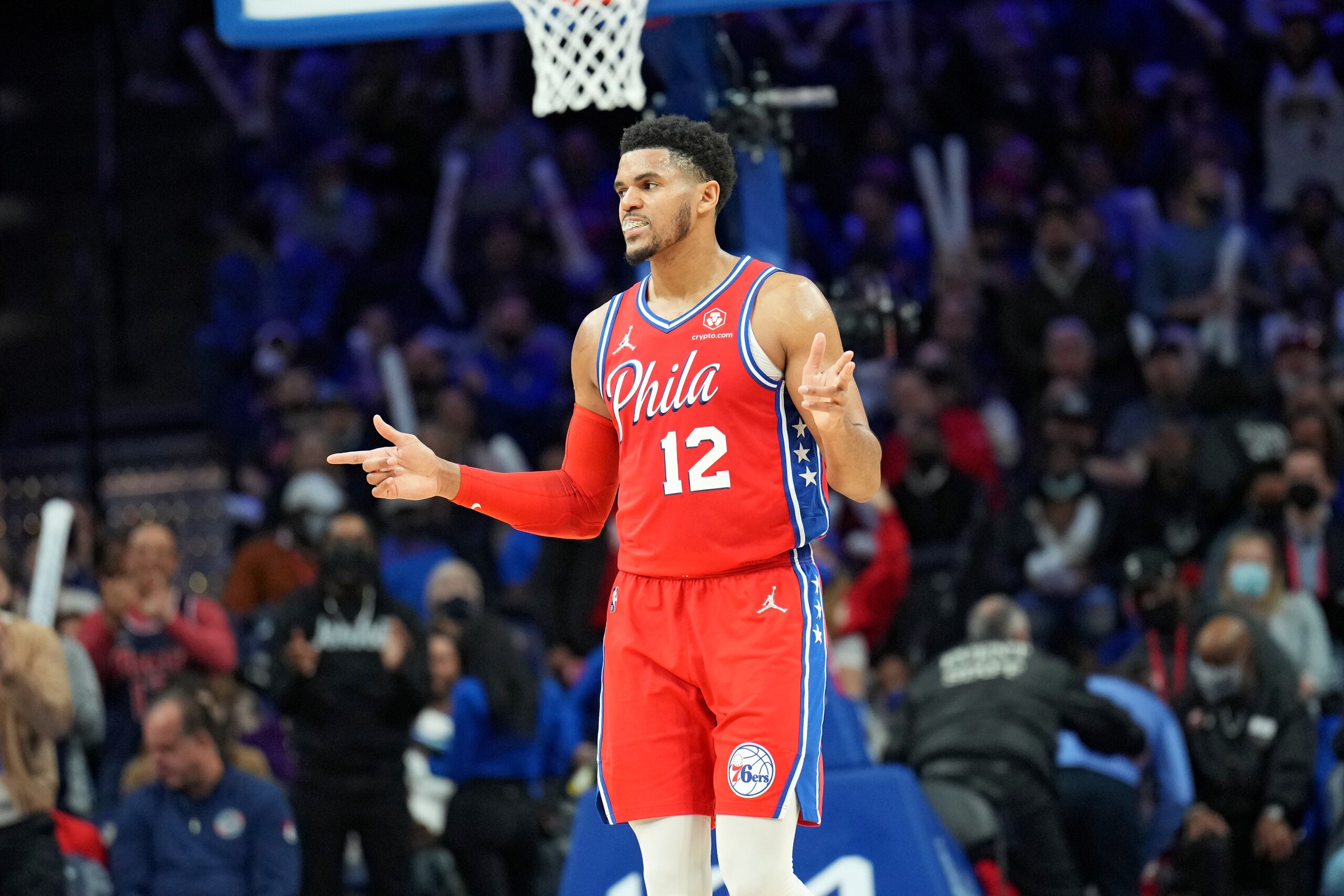 PHILADELPHIA, PA - FEBRUARY 8: Tobias Harris #12 of the Philadelphia 76ers reacts during a game against the Phoenix Suns on February 8, 2022 at Wells Fargo Center in Philadelphia, Pennsylvania. NOTE TO USER: User expressly acknowledges and agrees that, by downloading and/or using this Photograph, user is consenting to the terms and conditions of the Getty Images License Agreement. Mandatory Copyright Notice: Copyright 2022 NBAE (Photo by Jesse D. Garrabrant/NBAE via Getty Images) PHILADELPHIA, PA - FEBRUARY 8: Tobias Harris #12 of the Philadelphia 76ers reacts during a game against the Phoenix Suns on February 8, 2022 at Wells Fargo Center in Philadelphia, Pennsylvania. NOTE TO USER: User expressly acknowledges and agrees that, by downloading and/or using this Photograph, user is consenting to the terms and conditions of the Getty Images License Agreement. Mandatory Copyright Notice: Copyright 2022 NBAE (Photo by Jesse D. Garrabrant/NBAE via Getty Images)