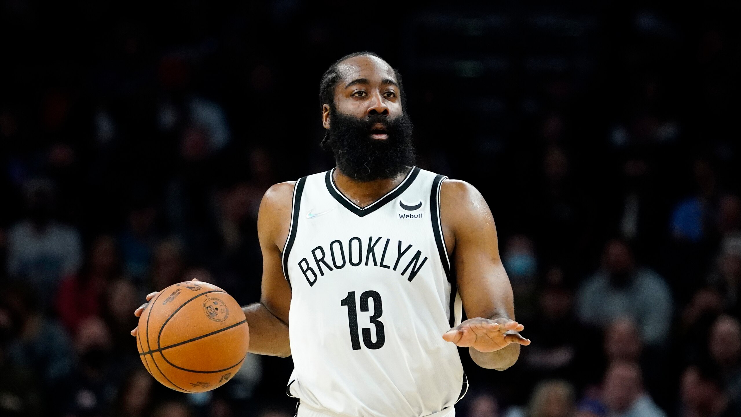 Brooklyn Nets guard James Harden (13) looks to pass against the Phoenix Suns during the first half of an NBA basketball game, Tuesday, Feb. 1, 2022, in Phoenix. (AP Photo/Matt York) Brooklyn Nets guard James Harden (13) looks to pass against the Phoenix Suns during the first half of an NBA basketball game, Tuesday, Feb. 1, 2022, in Phoenix. (AP Photo/Matt York)