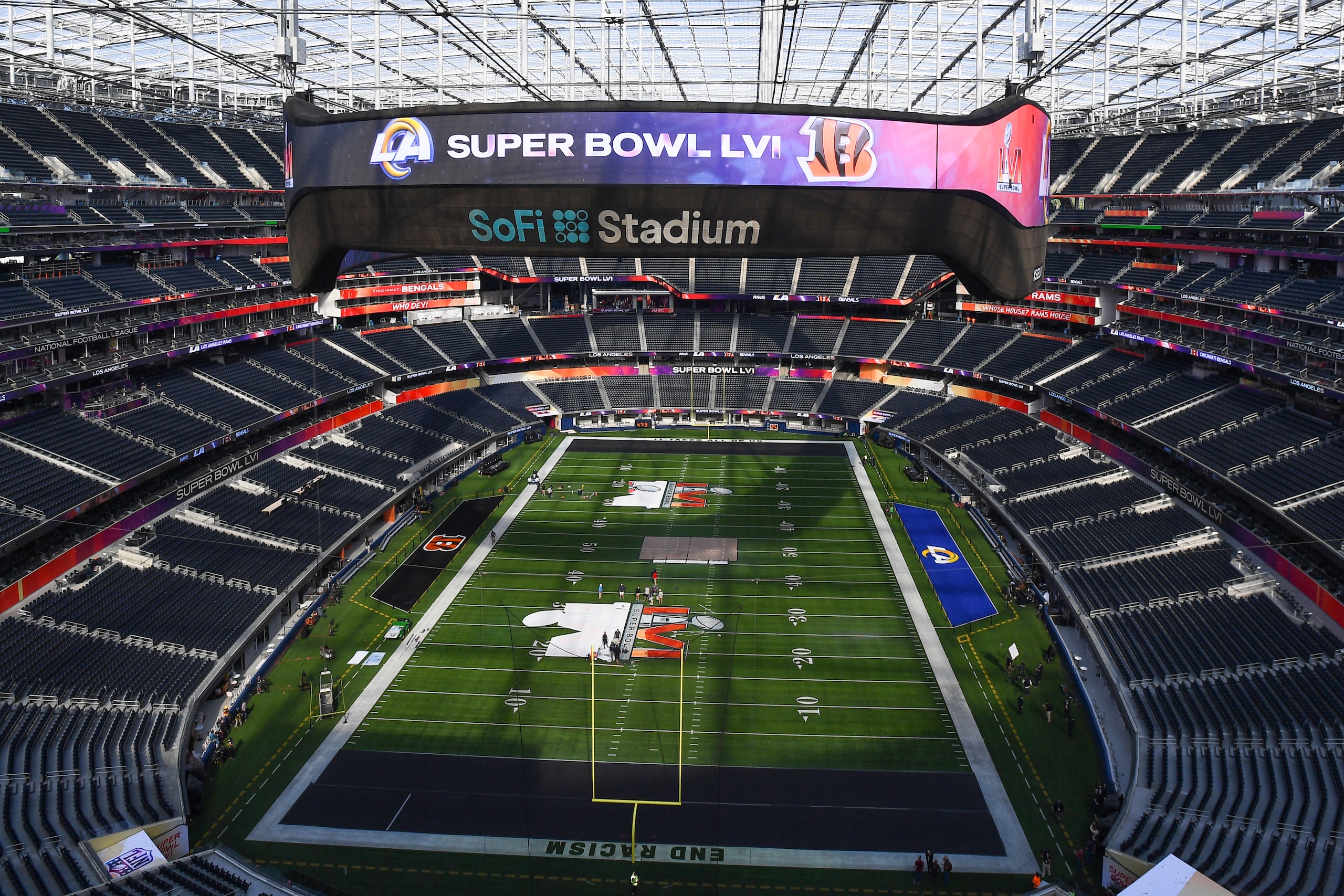 INGLEWOOD, CA - FEBRUARY 8: A view of the SoFi Stadium during Super Bowl LVI media availability day on February 8, 2022 in Inglewood, CA before Sundays game between the Los Angeles Rams and the Cincinnati Bengals. (Photo by Brian Rothmuller/Icon Sportswire via Getty Images)