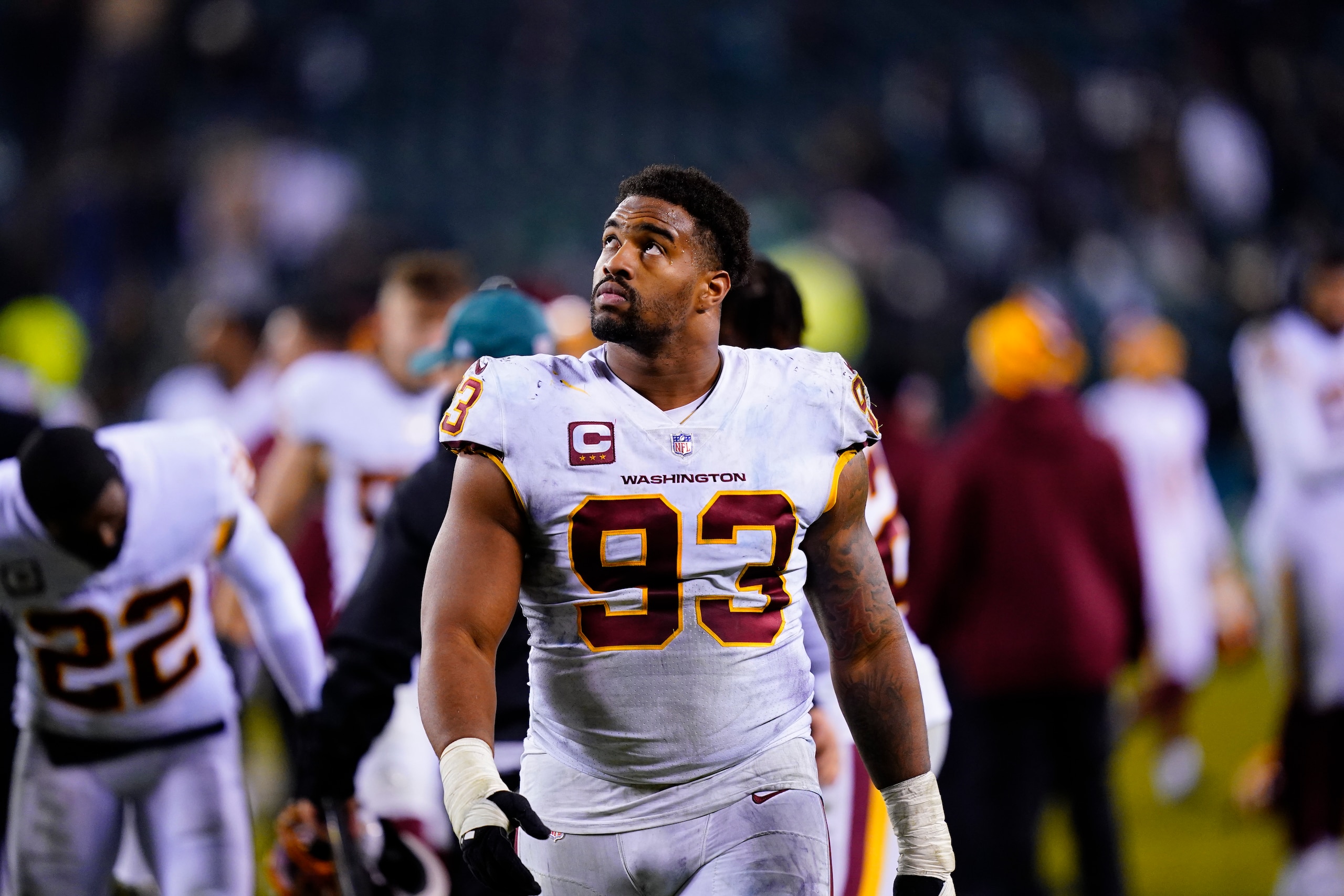 Washington Football Team defensive tackle Jonathan Allen after an NFL football game against the Philadelphia Eagles, Tuesday, Dec. 21, 2021, in Philadelphia. (AP Photo/Matt Rourke)