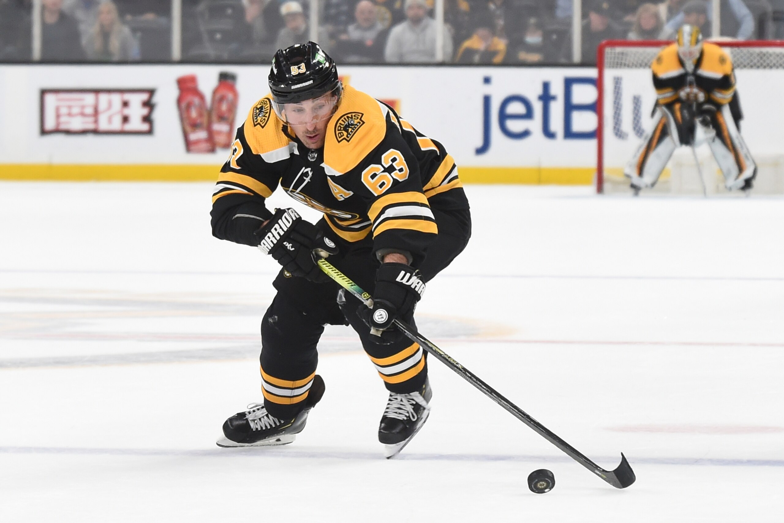 BOSTON, MA - FEBRUARY 8: Brad Marchand #63 of the Boston Bruins skates against the Pittsburgh Penguins at the TD Garden on February 8, 2022 in Boston, Massachusetts. (Photo by Steve Babineau/NHLI via Getty Images)