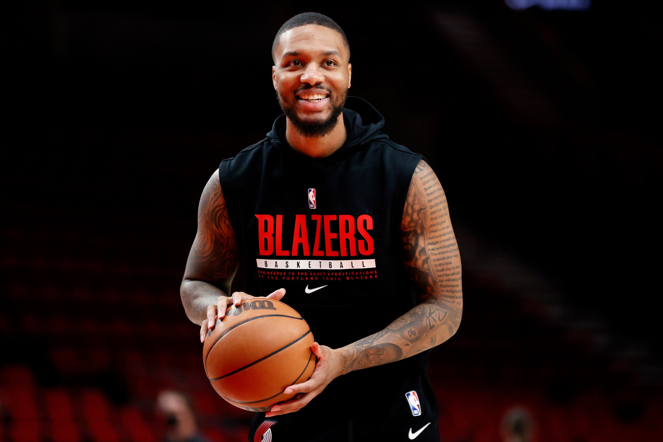PORTLAND, OREGON - FEBRUARY 08: Damian Lillard #0 of the Portland Trail Blazers warms up before the game against the Orlando Magic at Moda Center on February 08, 2022 in Portland, Oregon. NOTE TO USER: User expressly acknowledges and agrees that, by downloading and/or using this photograph, User is consenting to the terms and conditions of the Getty Images License Agreement. (Photo by Steph Chambers/Getty Images) (Photo by Steph Chambers/Getty Images)